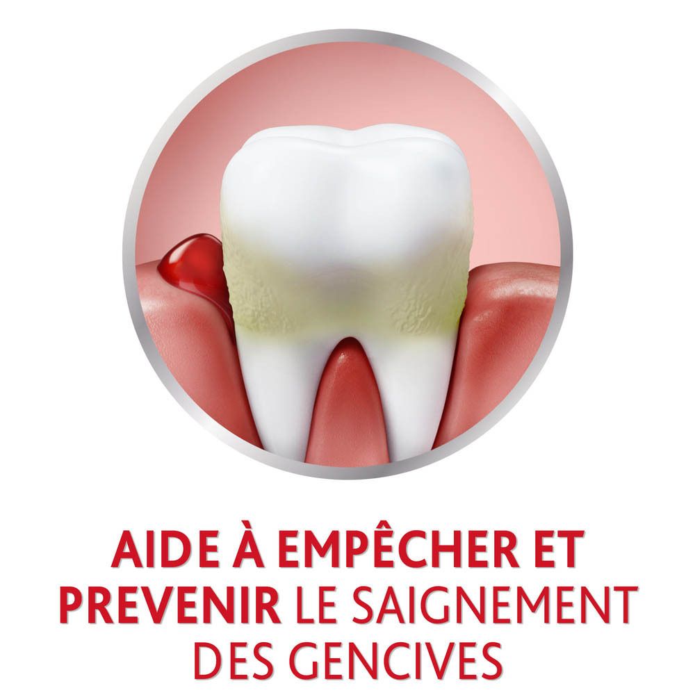 Dent avec gencive, cercle rouge. Texte : AIDE À EMPÊCHER ET PRÉVENIR LE SAIGNEMENT DES GENCIVES.