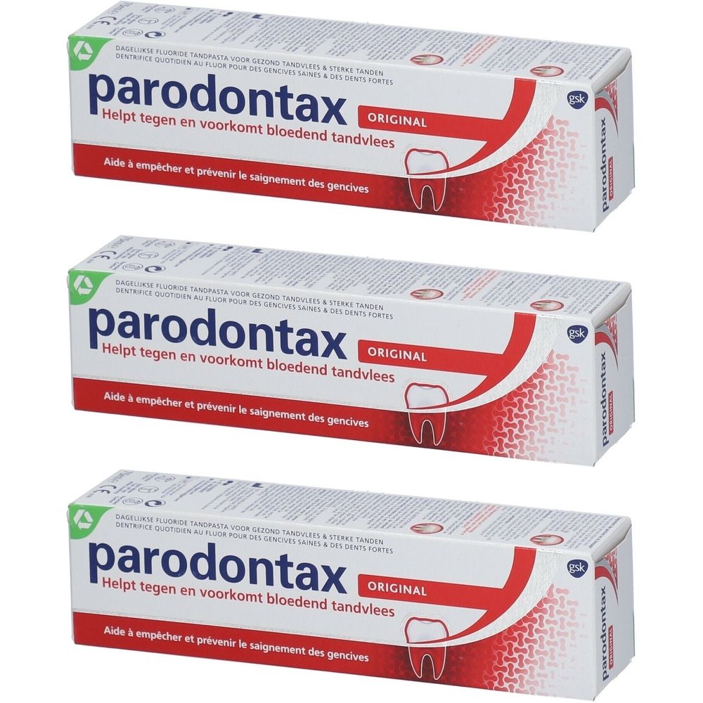 Trois boîtes de parodontax® Original. Tubes blancs avec texte rouge et vert.