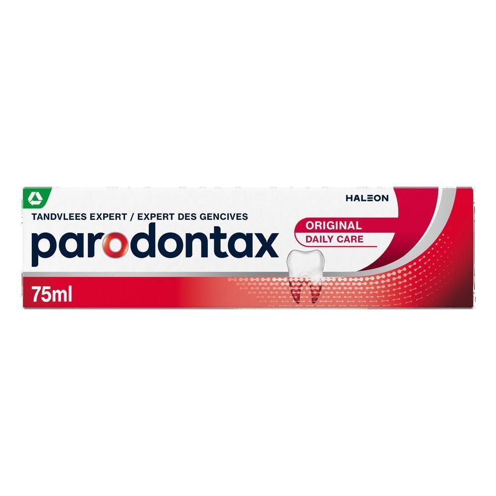 Trois tubes de parodontax® Original. Tubes blancs avec texte rouge et vert.