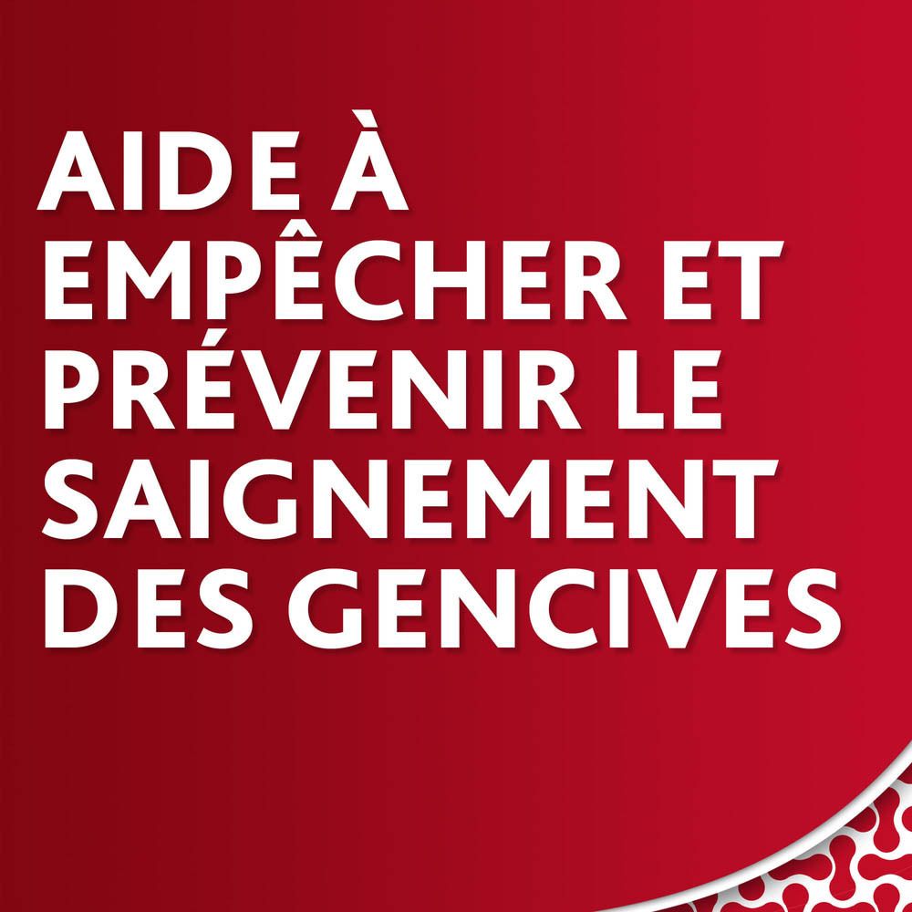 Texte sur fond rouge : aide à empêcher et prévenir le saignement des gencives.