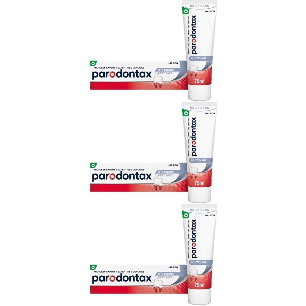 Trois tubes de dentifrice Parodontax Whitening. Blanc, rouge et bleu. Emballage avec nom du produit.