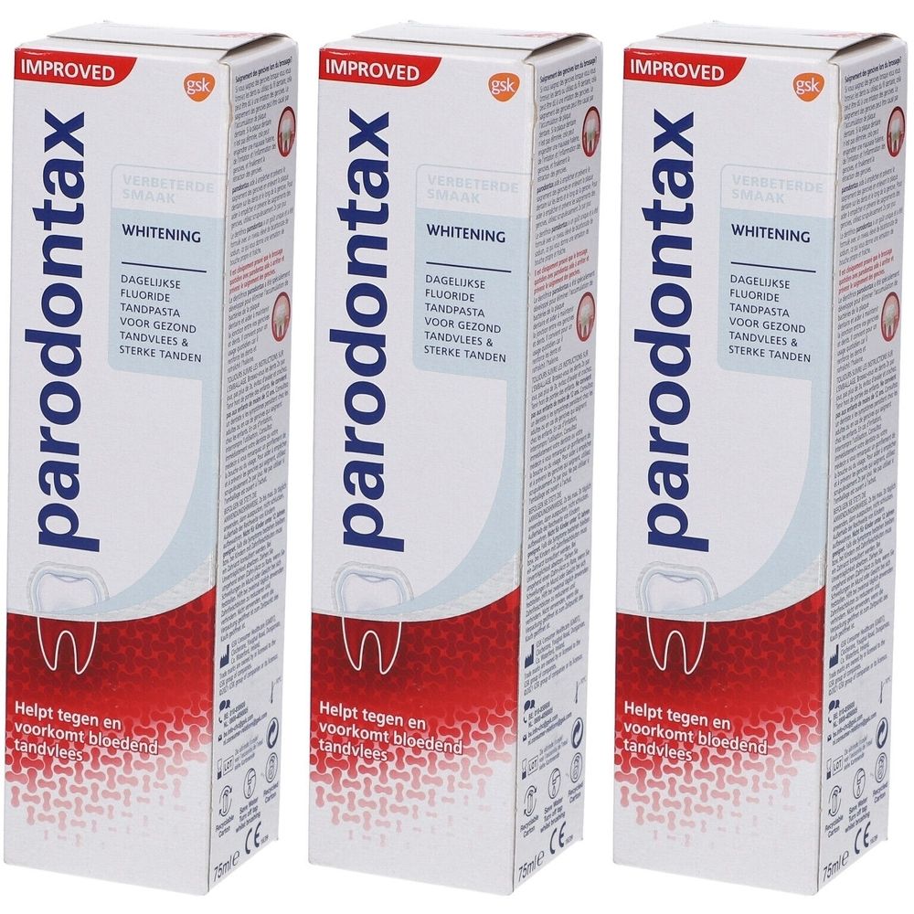 Drei Tuben Parodontax Whitening Zahnpasta. Weiß, rot und blau. Verpackung mit Produktnamen.
