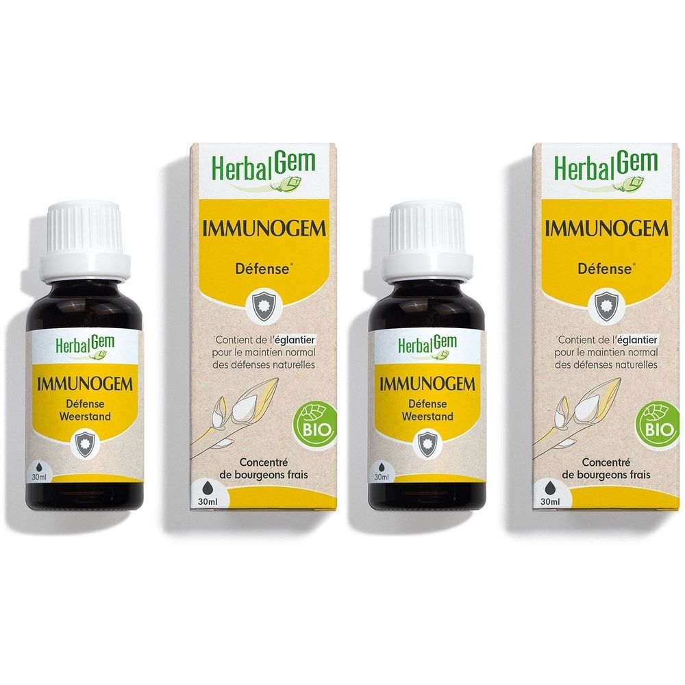 Trois flacons et boîtes HerbalGem Immunogem. Étiquettes jaunes avec texte. Certification BIO.