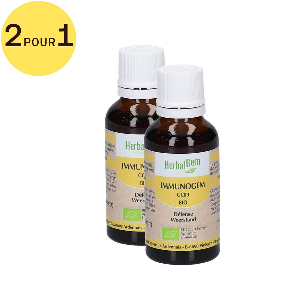 Deux flacons HerbalGem Immunogem. Étiquette jaune avec texte. Certification BIO. 2 pour 1.
