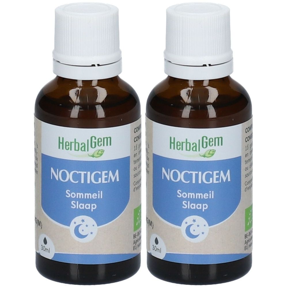Zwei braune Glasflaschen mit weißem Deckel und Etikett. Aufschrift: HerbalGem NOCTIGEM, Sommeil, Slaap. 30ml.