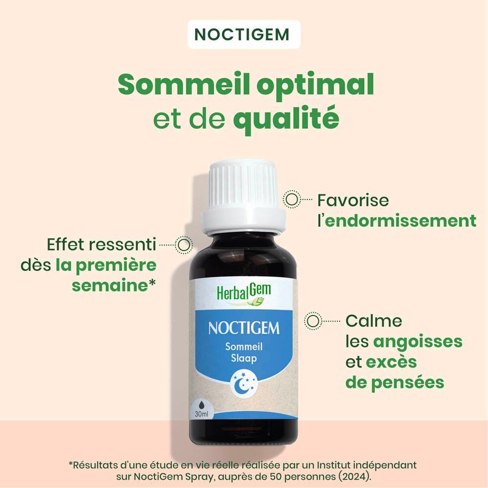 Flacon HerbalGem NOCTIGEM Sommeil Slaap avec explications sur le sommeil et les effets.