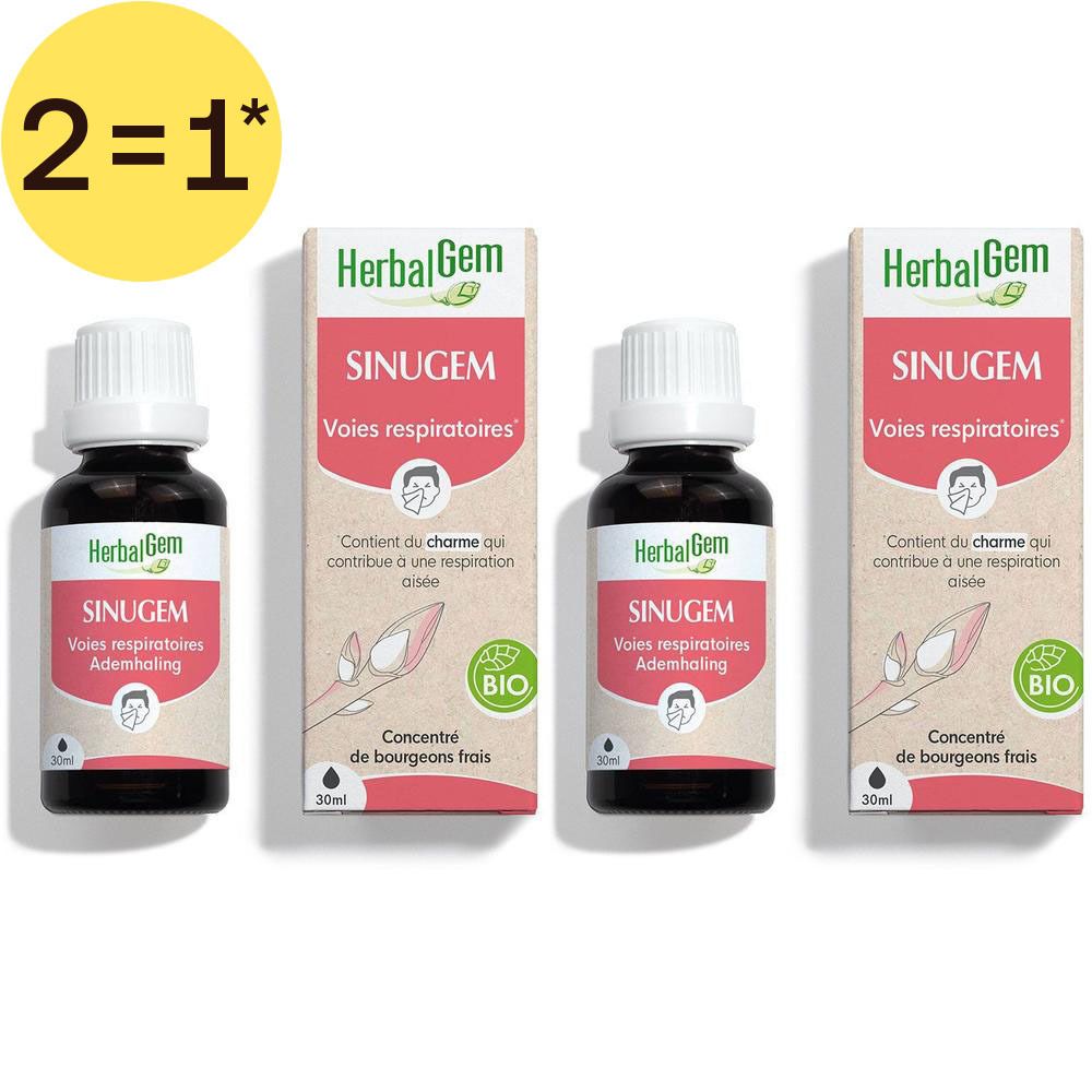 Trois flacons et emballages HerbalGem SINUGEM. Flacons à bouchon blanc, emballage avec texte rouge.