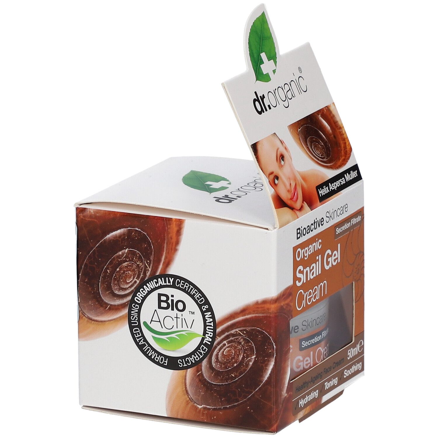Emballage ouvert de dr.organic® Snail Gel Cream. Des escargots sont représentés sur l'emballage. Sceau Bio Activ.