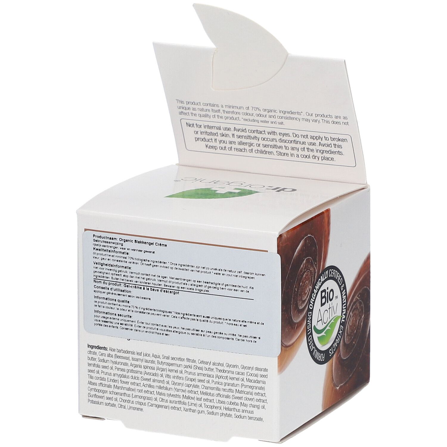 Dos de l'emballage ouvert de dr.organic® Snail Gel Cream. Texte avec ingrédients et instructions d'utilisation.