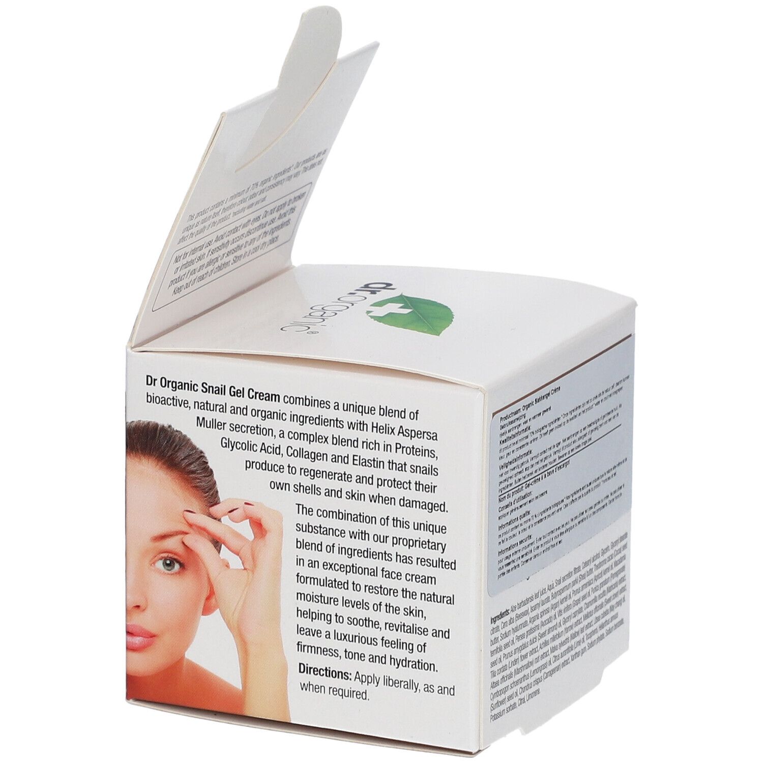 Emballage ouvert de dr.organic® Snail Gel Cream. Texte sur les ingrédients et l'utilisation. Sceau Bio Activ.