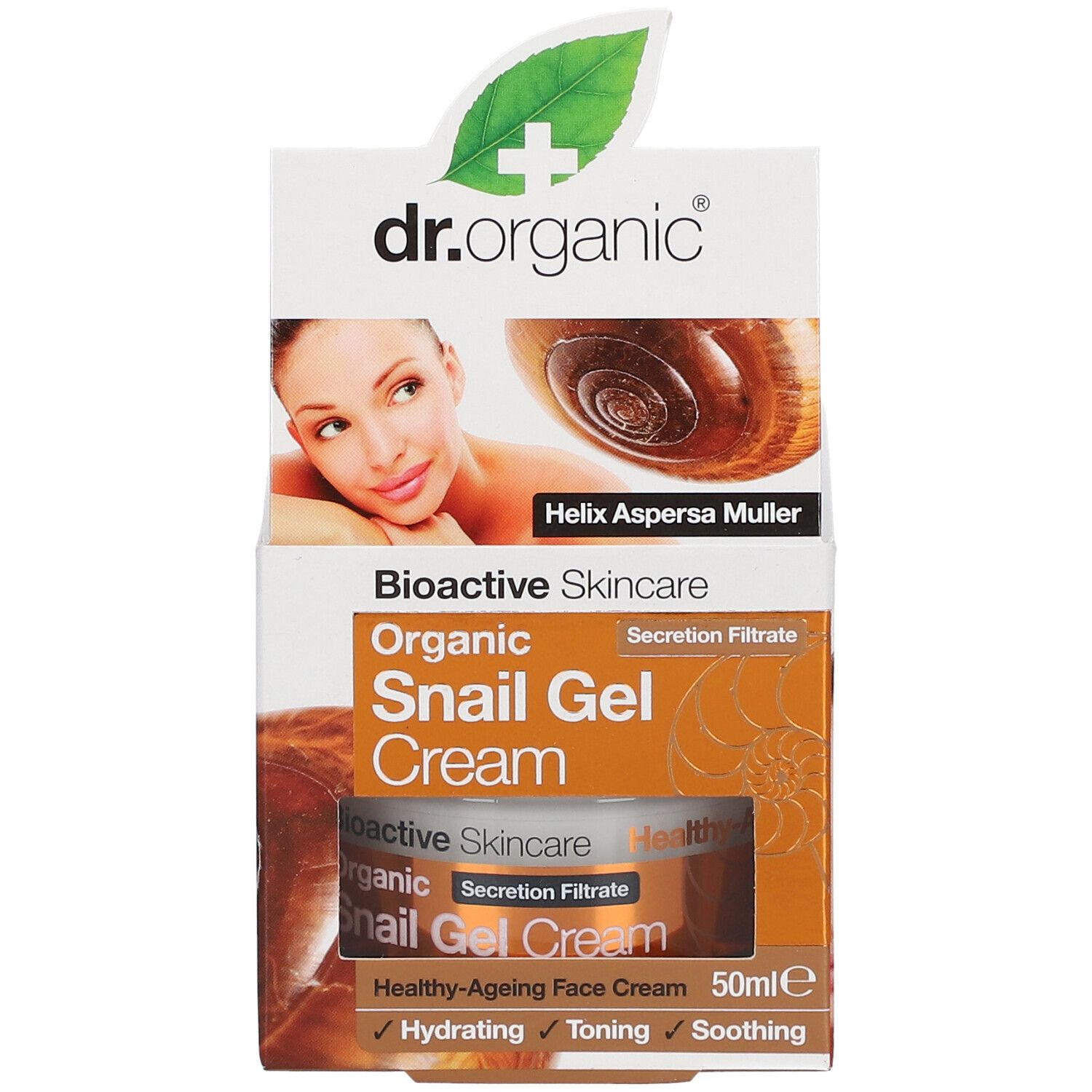 Emballage de dr.organic® Snail Gel Cream. Boîte blanche avec images et texte. Contient une crème dans un pot en verre.