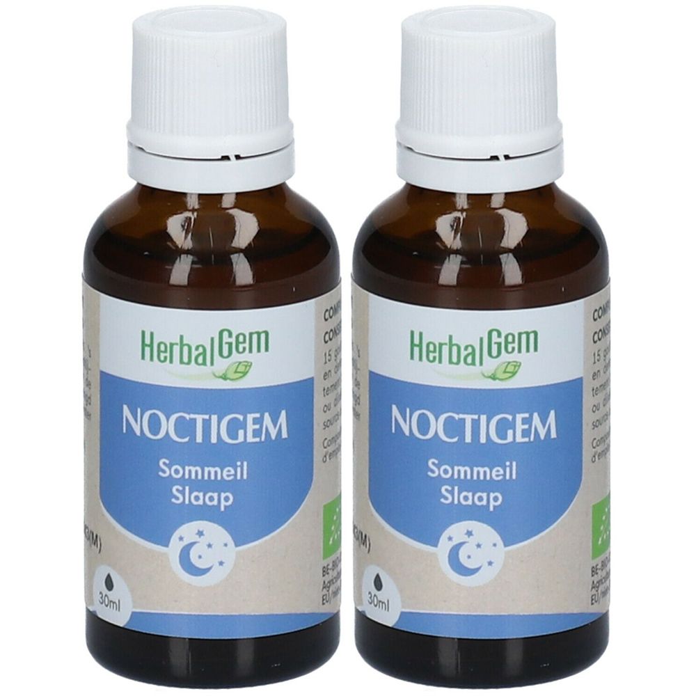Deux flacons en verre brun avec bouchons blancs. Étiquettes : "HerbalGem Noctigem Sommeil Slaap". Certification biologique.