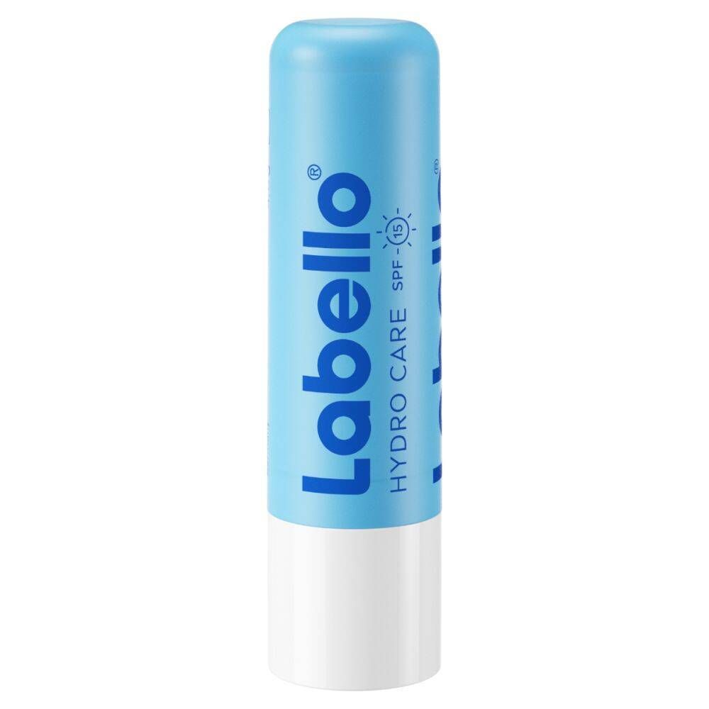 Stick de soin pour les lèvres bleu et blanc, avec inscription "Labello Hydro Care SPF15".
