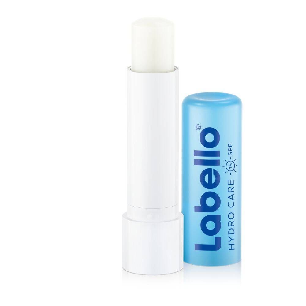 Stick à lèvres blanc, avec capuchon bleu ouvert. Inscription "Labello Hydro Care SPF15".
