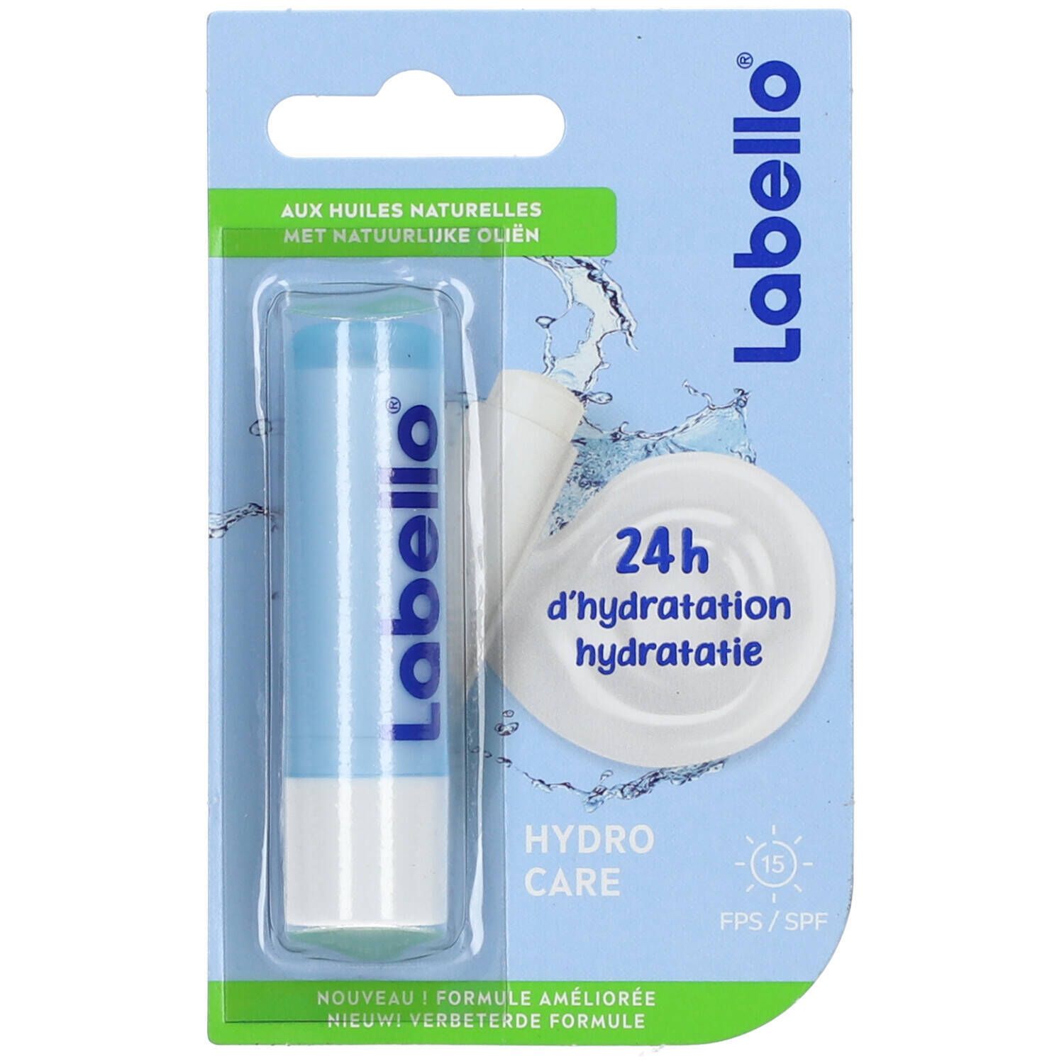 Emballage avec stick à lèvres. Inscription "Labello Hydro Care SPF15". 24h d'hydratation.