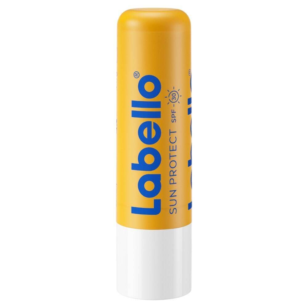 Stick Labello Sun Protect SPF30. Étui jaune avec texte bleu. Contient SPF 30.