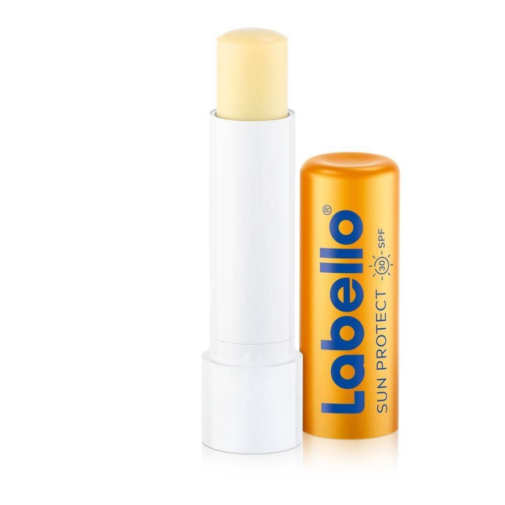 Stick Labello Sun Protect SPF30. Bâton blanc, capuchon jaune. Contient SPF 30.