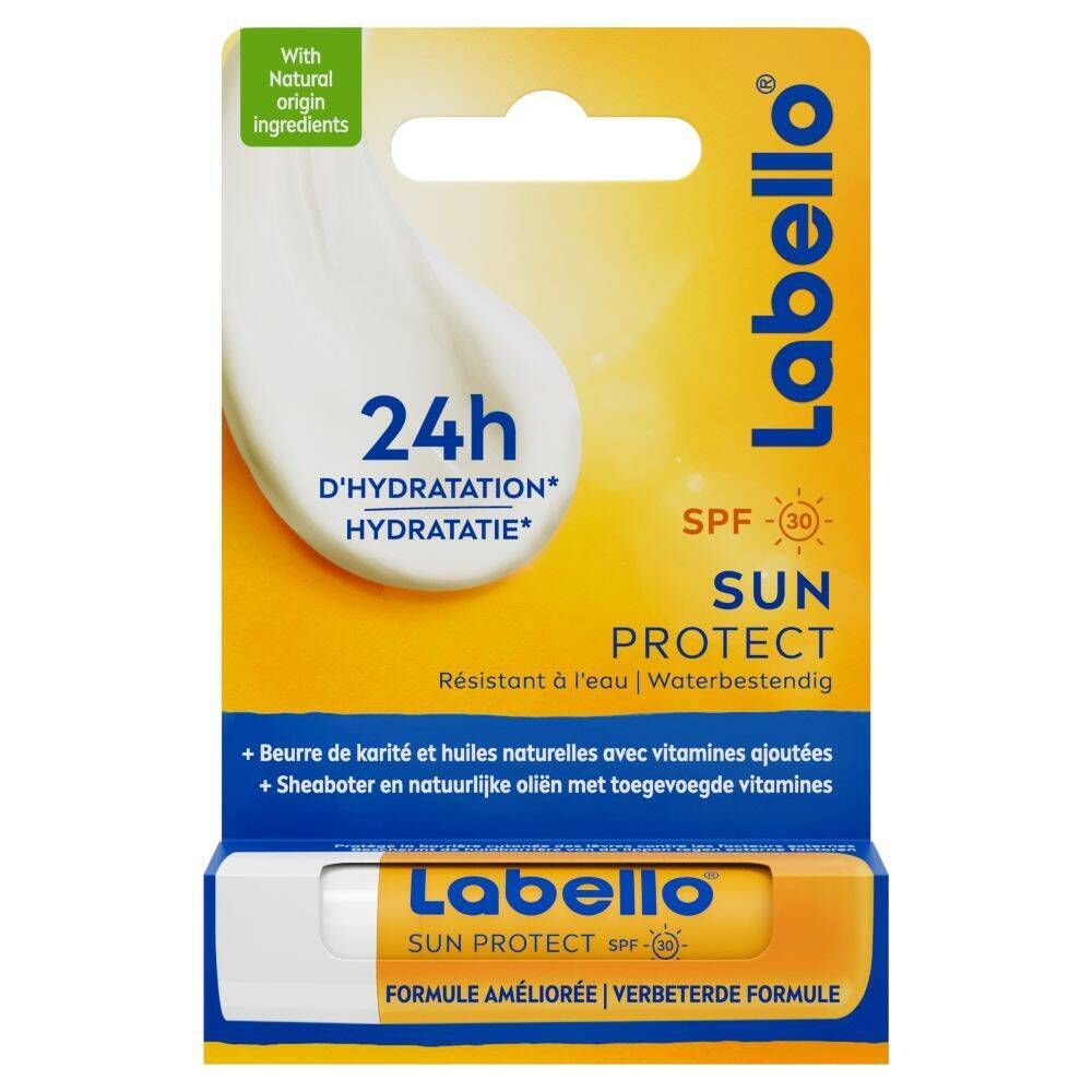Labello Sun Protect SPF30 en emballage. Emballage jaune et blanc avec image du produit et texte.