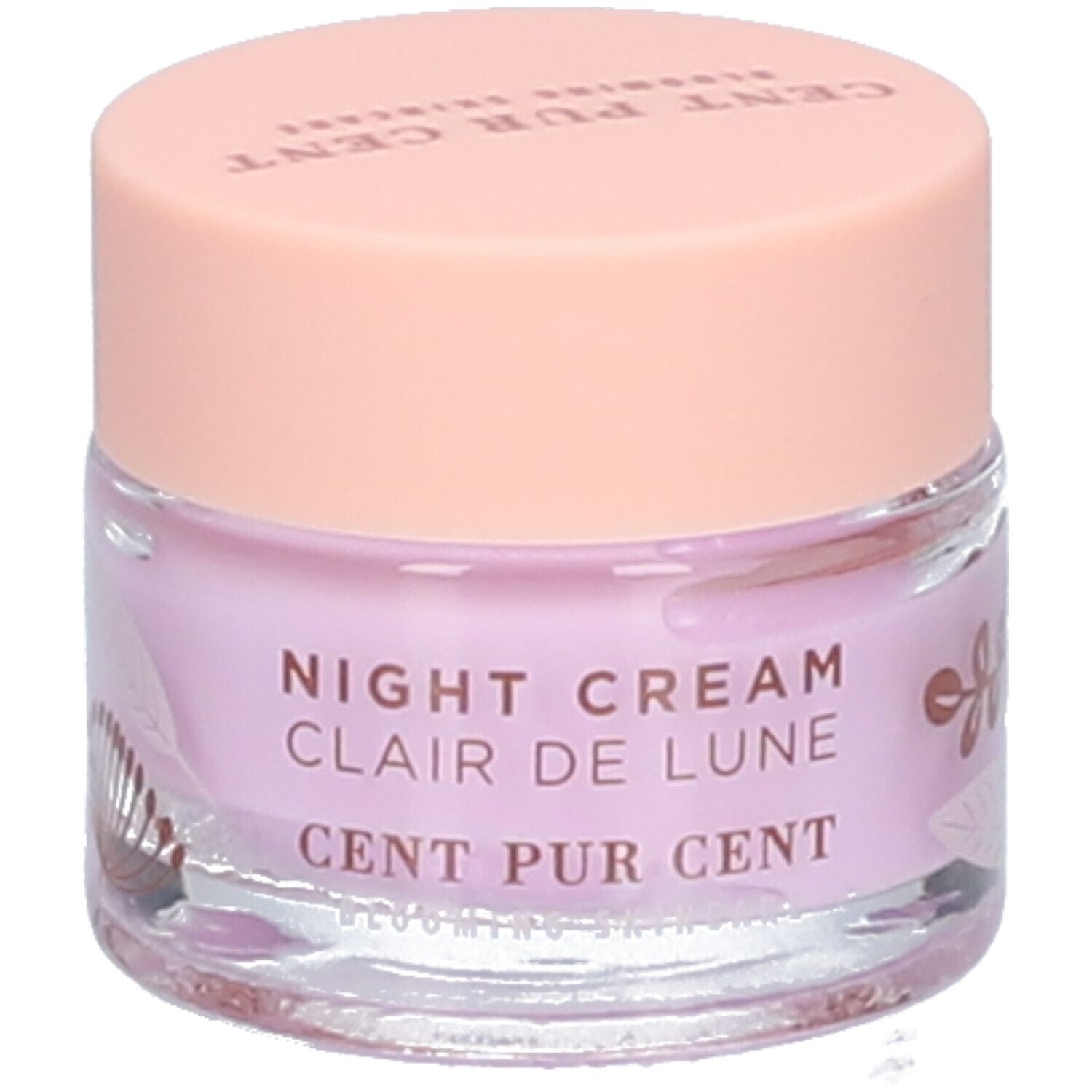 Creme-Tiegel mit rosa Deckel. Auf dem Tiegel steht "NIGHT CREAM Clair de Lune CENT PUR CENT".