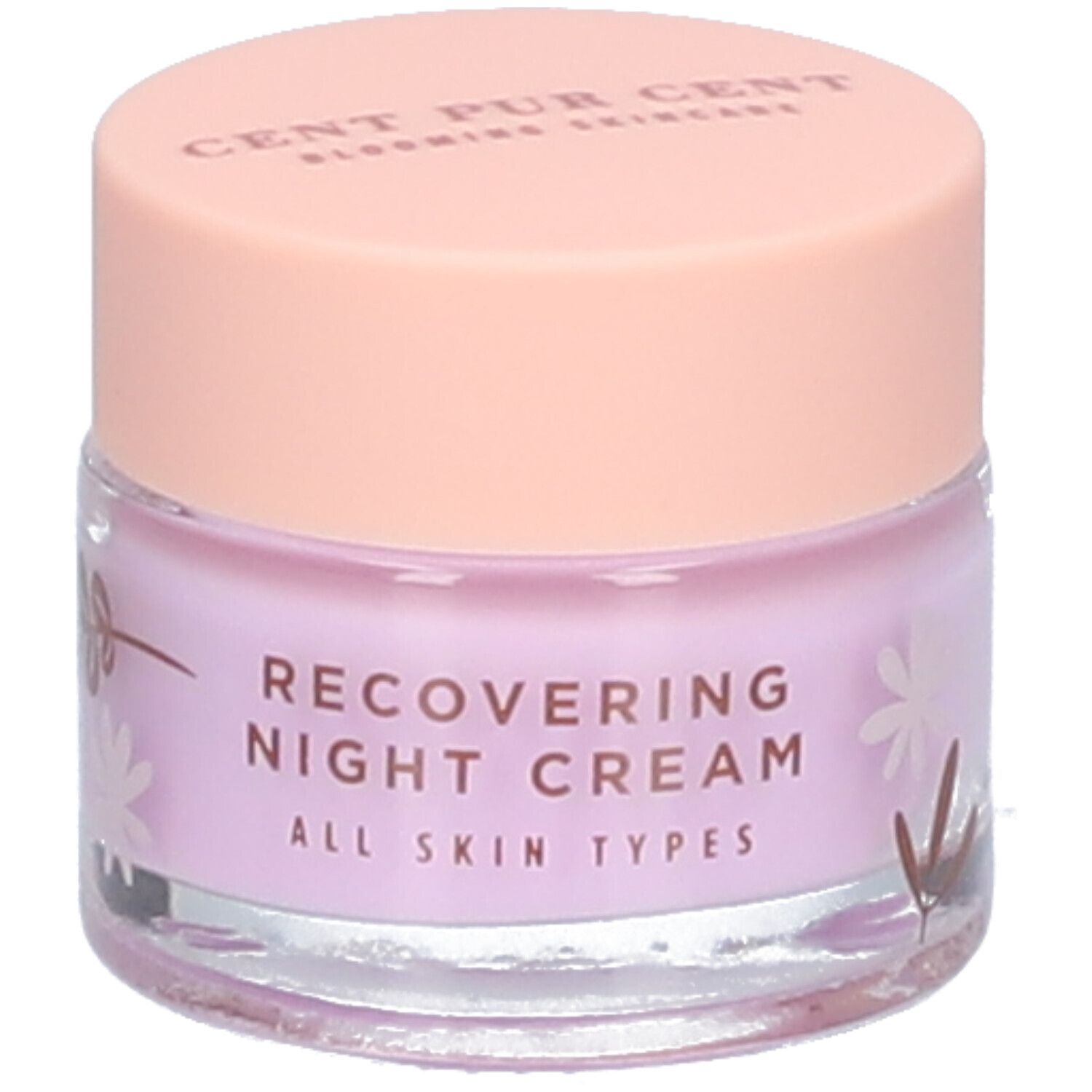 Creme-Tiegel mit rosa Deckel. Auf dem Tiegel steht "RECOVERING NIGHT CREAM ALL SKIN TYPES".