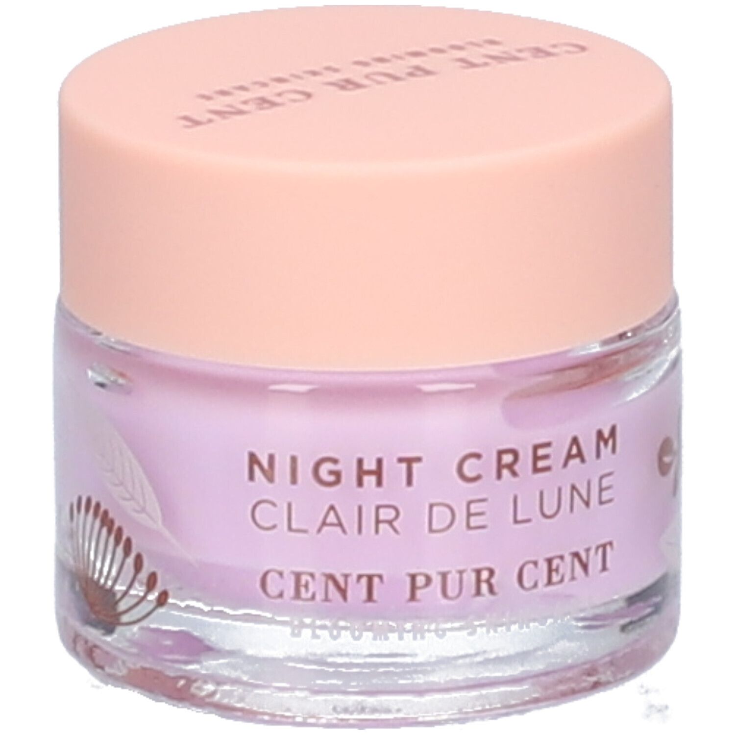 Creme-Tiegel mit rosa Deckel. Auf dem Tiegel steht "NIGHT CREAM Clair de Lune CENT PUR CENT".