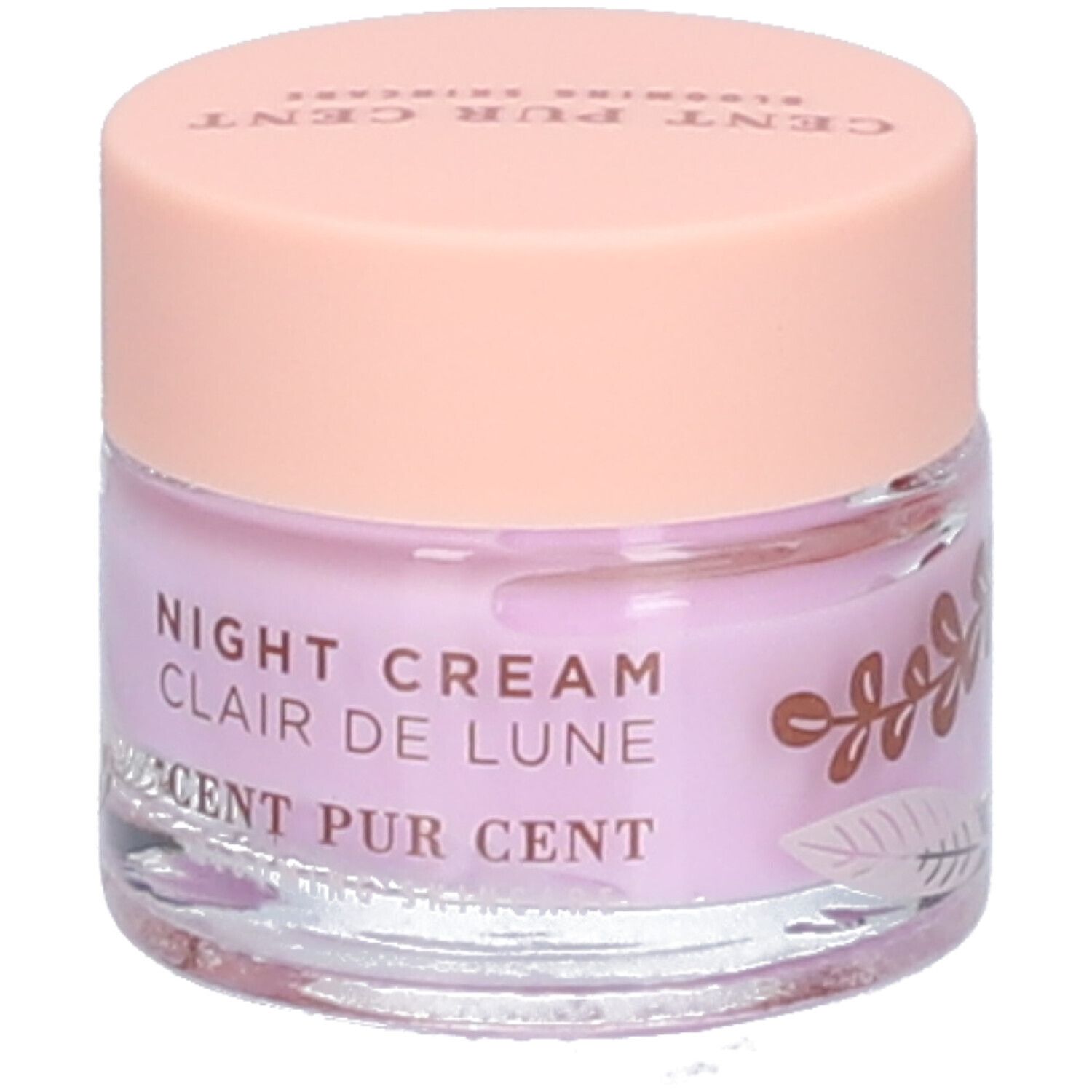 Creme-Tiegel mit rosa Deckel. Auf dem Tiegel steht "NIGHT CREAM Clair de Lune CENT PUR CENT".