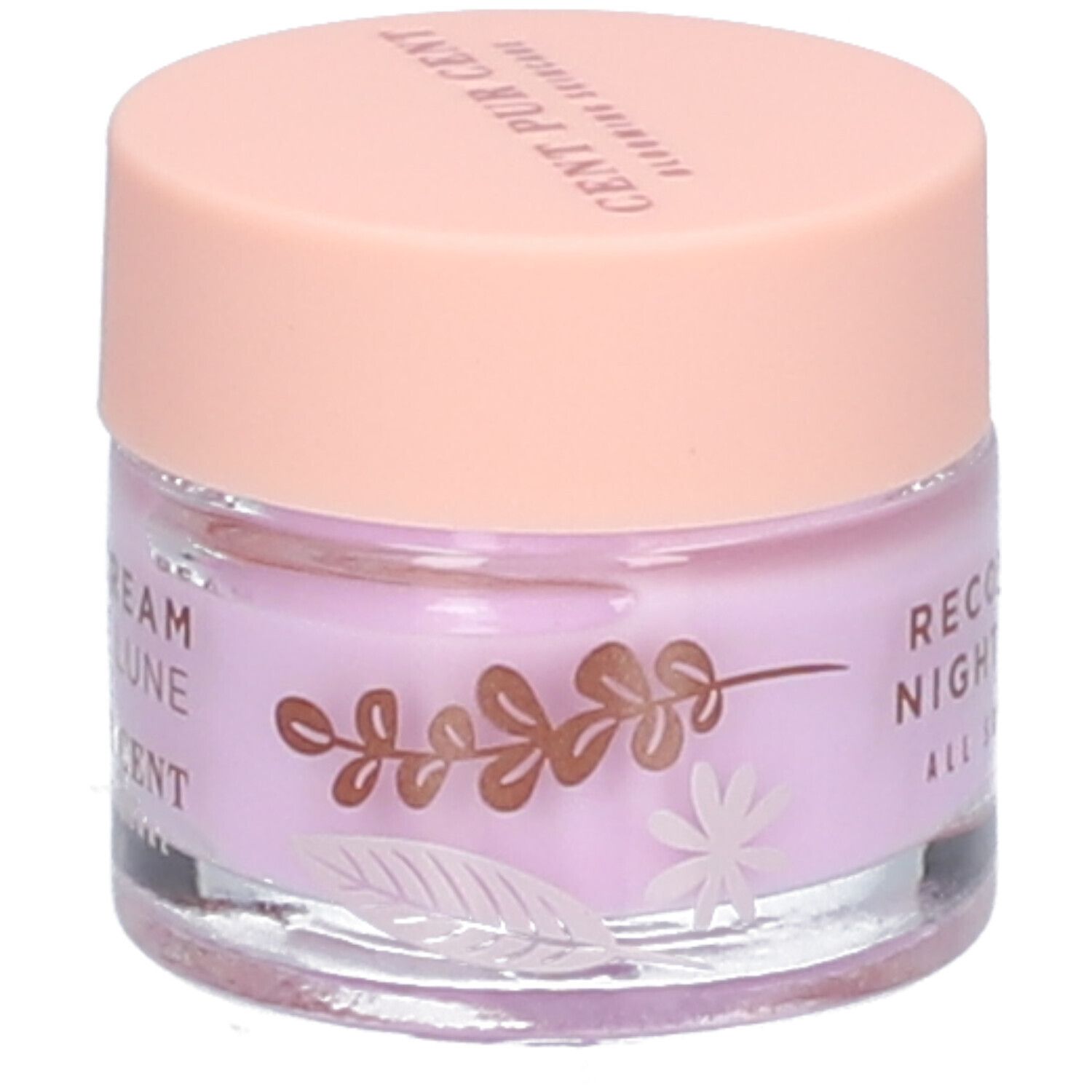 Creme-Tiegel mit rosa Deckel. Auf dem Tiegel steht "RECOVERING NIGHT CREAM ALL SKIN TYPES".