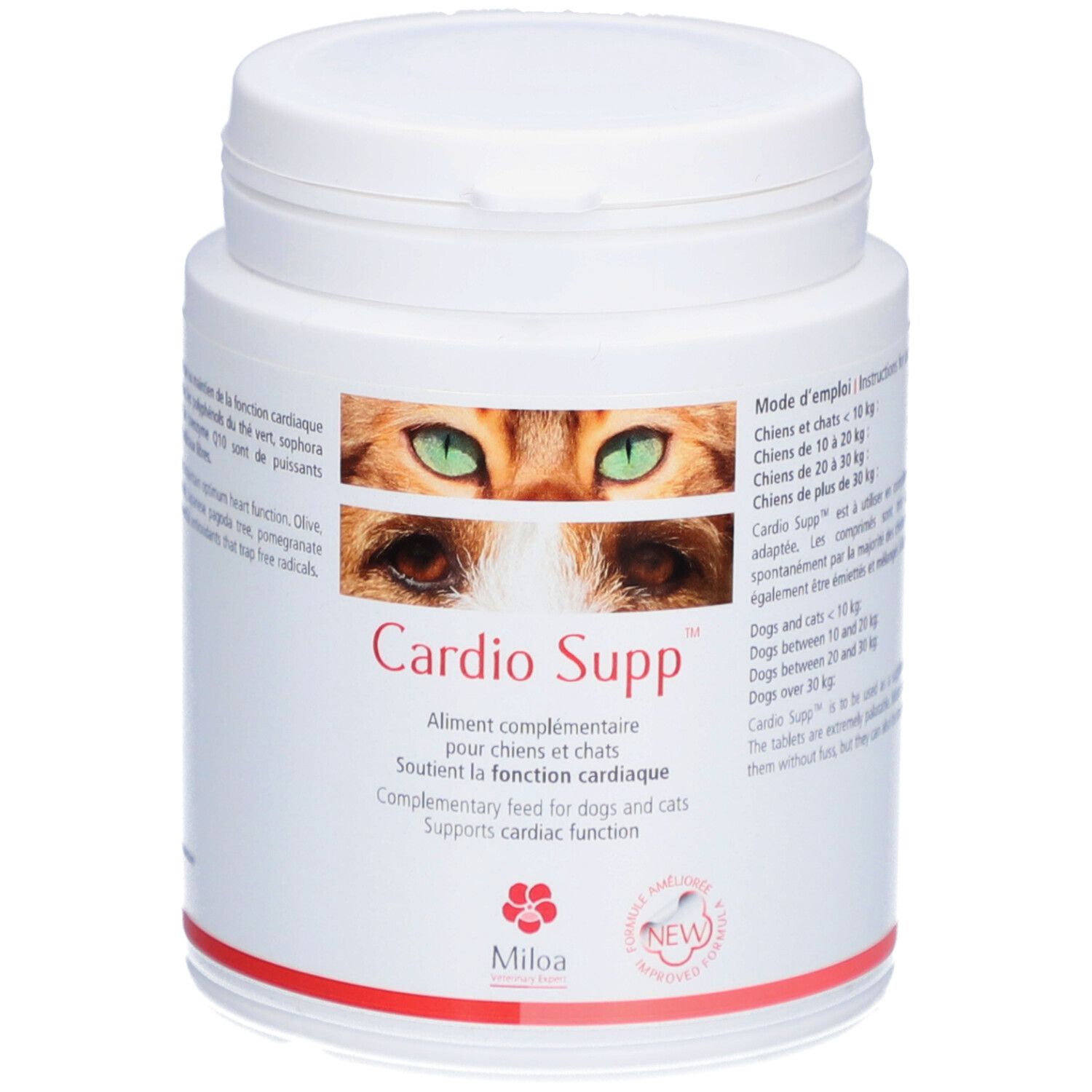 Pot blanc avec étiquette "Cardio Supp". Image de chat aux yeux verts. Texte : Aliment complémentaire pour chiens et chats.