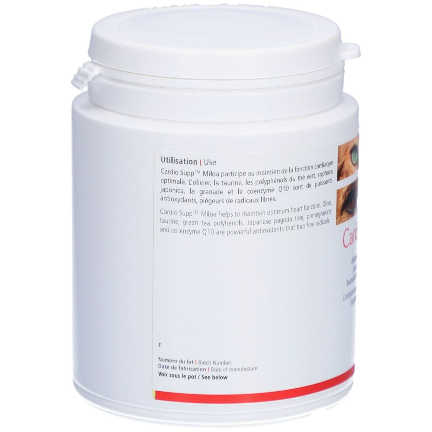 Dos d'un pot blanc "Cardio Supp". Texte : Ingrédients, instructions d'utilisation. Bande rouge en bas.