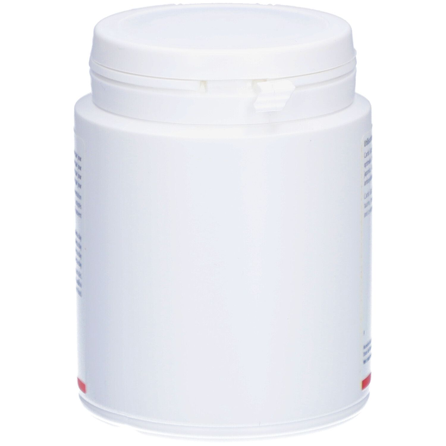 Pot blanc avec couvercle. Aucune inscription visible. Bande rouge en bas.