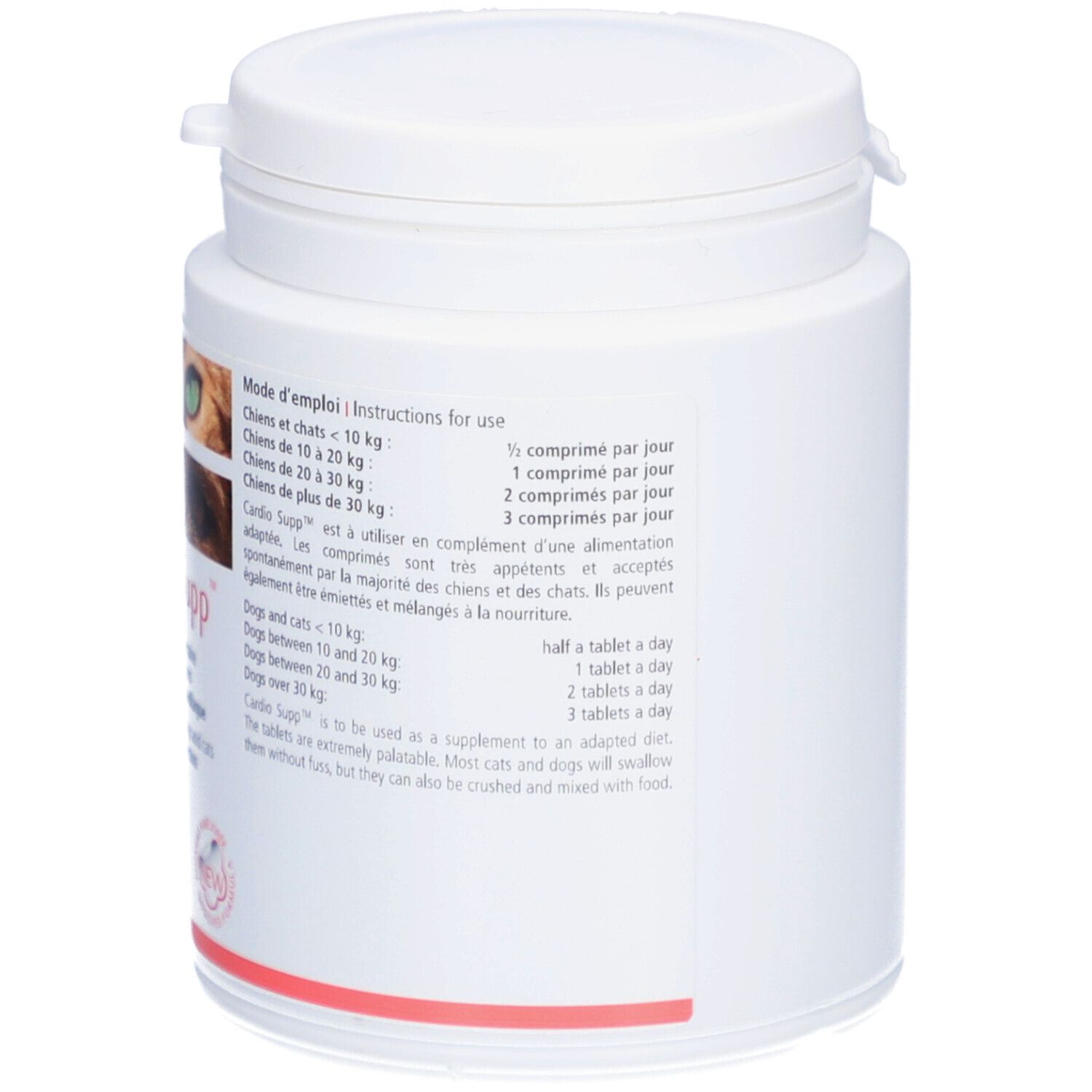 Dos d'un pot blanc "Cardio Supp". Texte : Instructions d'utilisation pour chiens et chats. Bande rouge en bas.