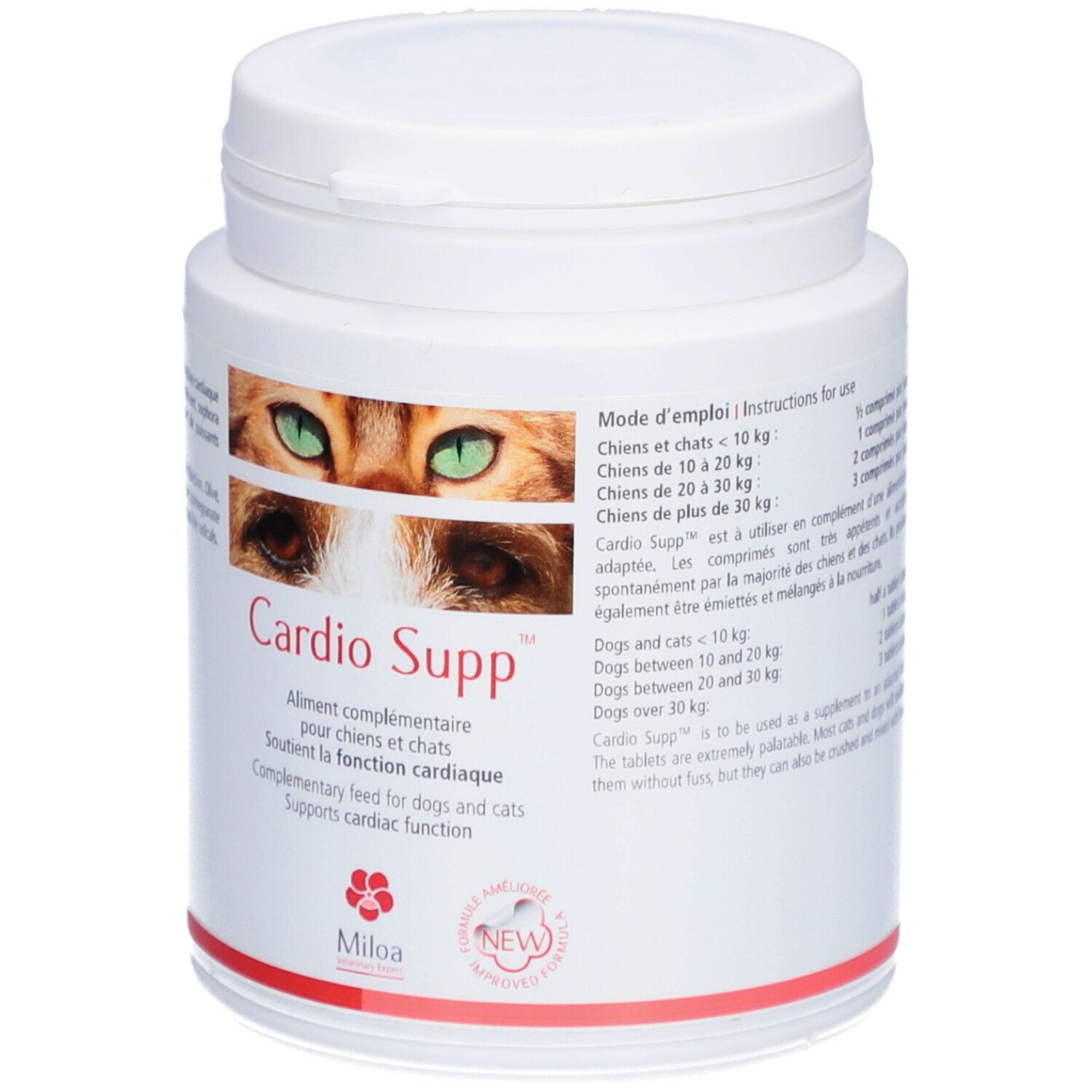 Pot blanc avec étiquette "Cardio Supp". Image de chat aux yeux verts. Texte : Aliment complémentaire pour chiens et chats.