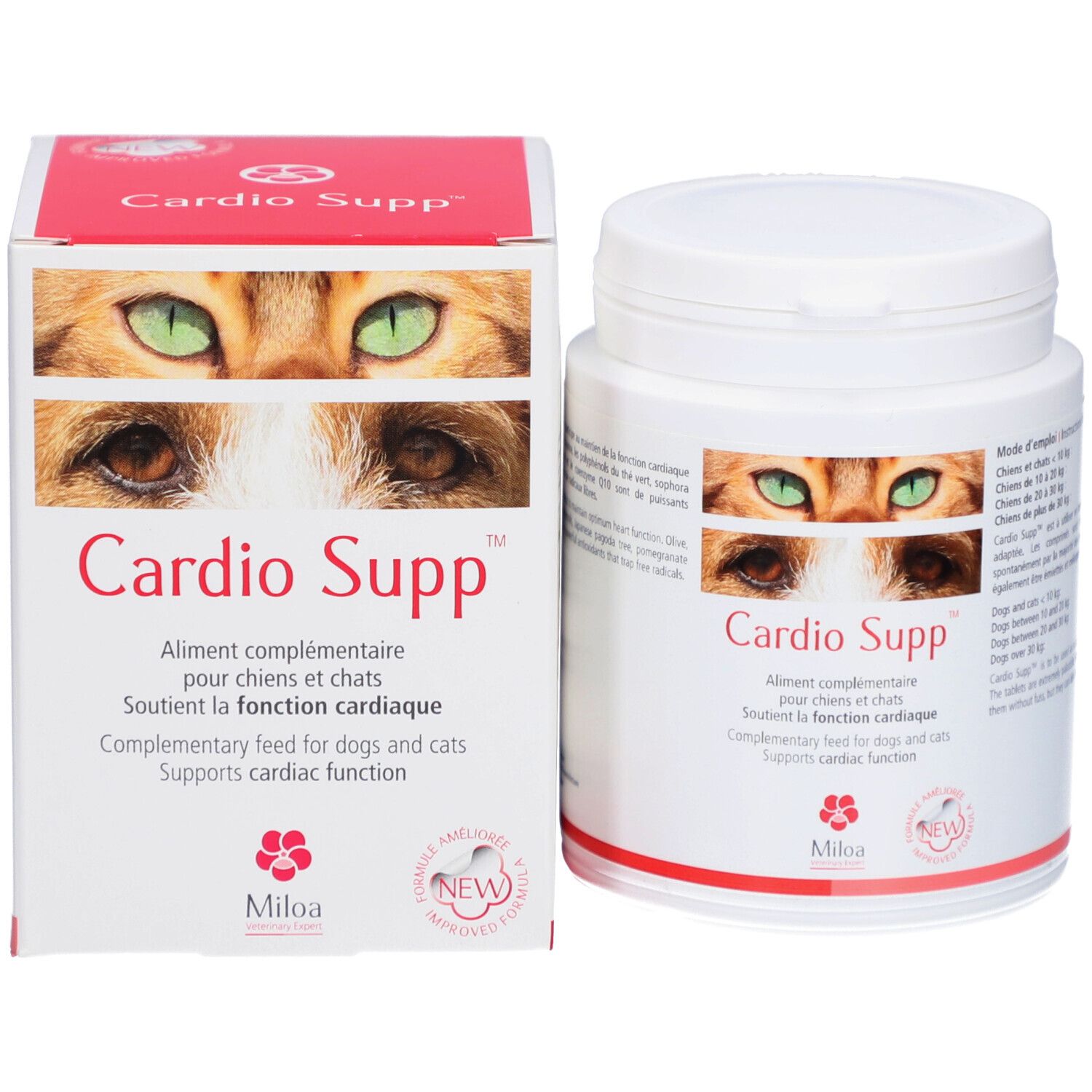 Pot et boîte blancs "Cardio Supp". Image de chat aux yeux verts. Texte : Aliment complémentaire pour chiens et chats.