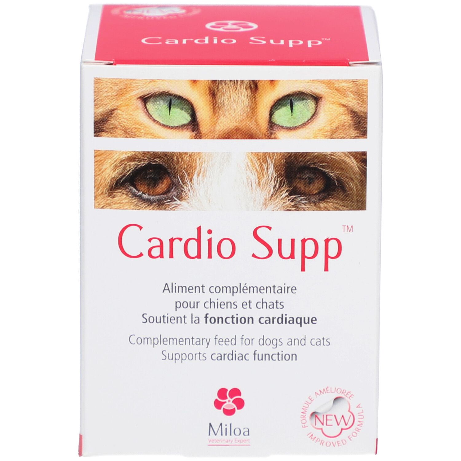 Boîte "Cardio Supp". Image de chat aux yeux verts. Texte : Aliment complémentaire pour chiens et chats.