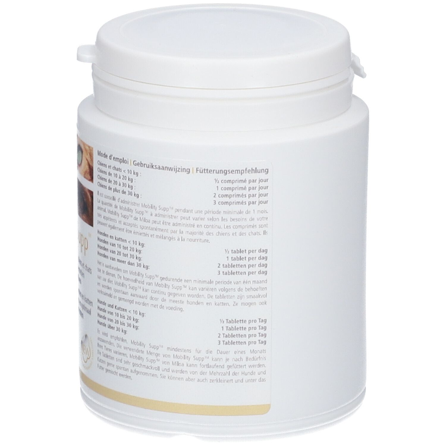 Boîte blanche avec couvercle. Dos avec texte. Nom du produit non visible. Marque Miloa.