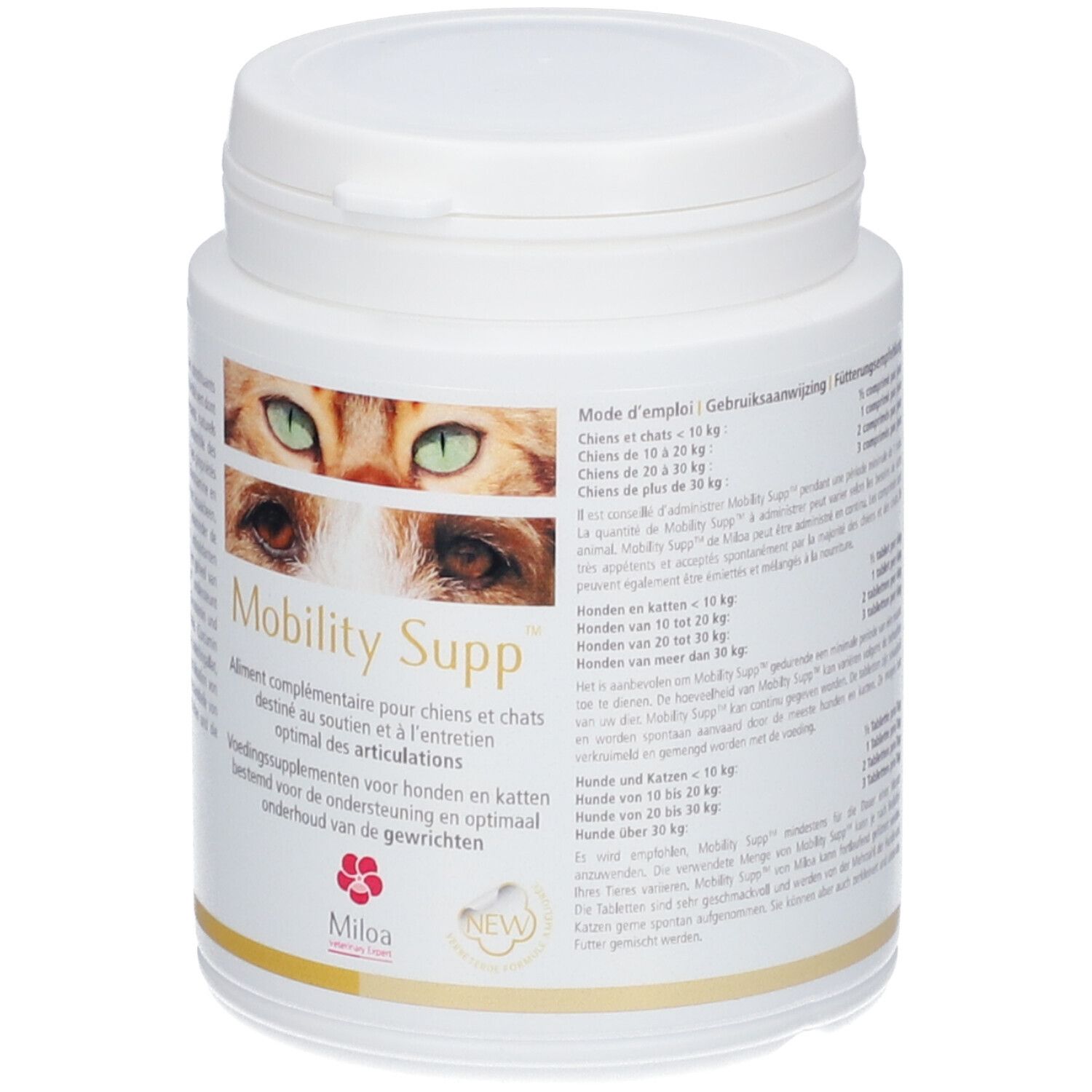 Boîte blanche avec couvercle. Étiquette avec nom du produit, yeux de chat et texte. Marque Miloa.