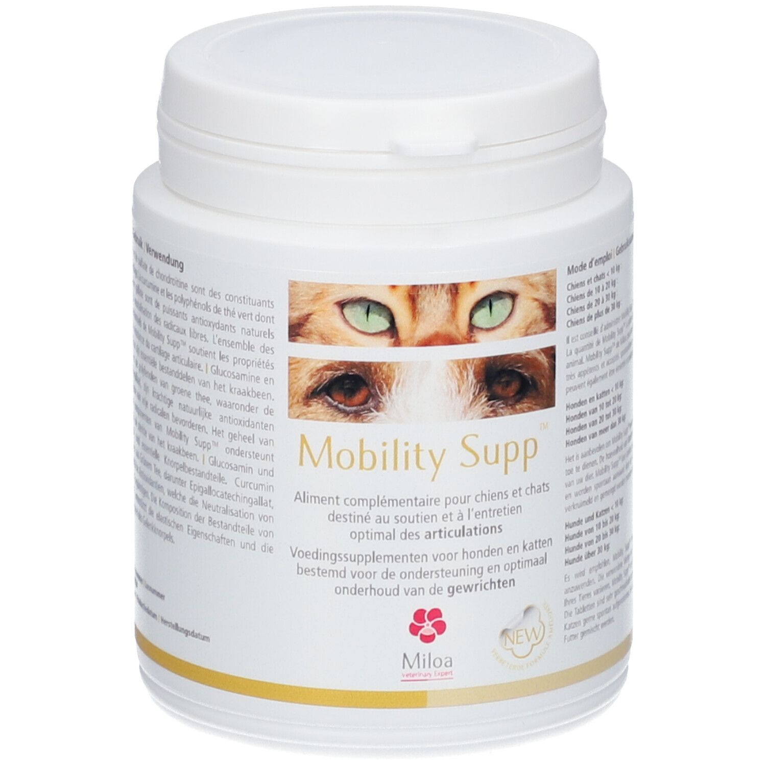 Boîte blanche avec couvercle. Étiquette avec nom du produit, yeux de chat et texte. Marque Miloa.