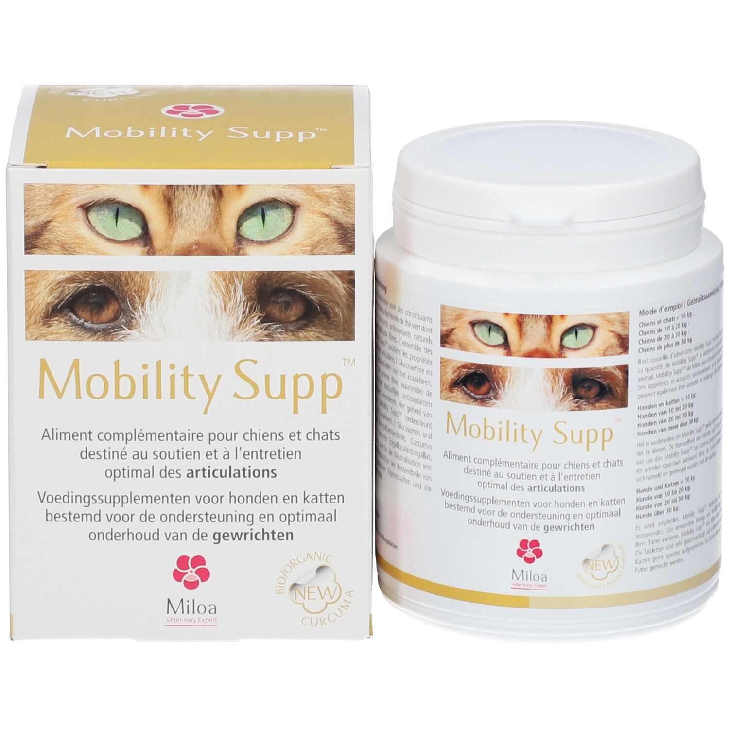 Produit et emballage. Boîte blanche et carton. Nom du produit, yeux de chat et texte. Marque Miloa.