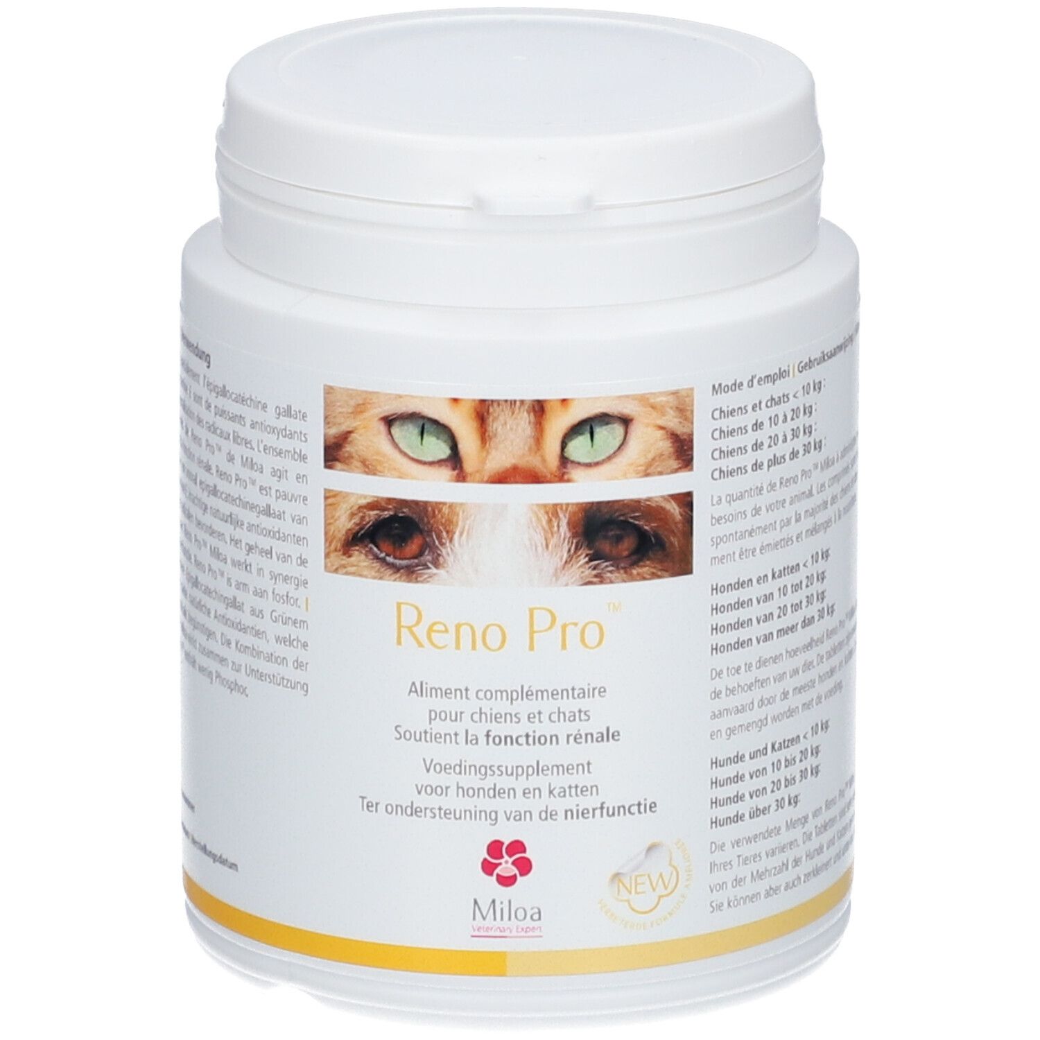 Weißes, zylindrisches Behältnis mit Deckel. Aufschrift: Reno Pro. Abbildung: Augen von Katze und Hund. Marke: Miloa.