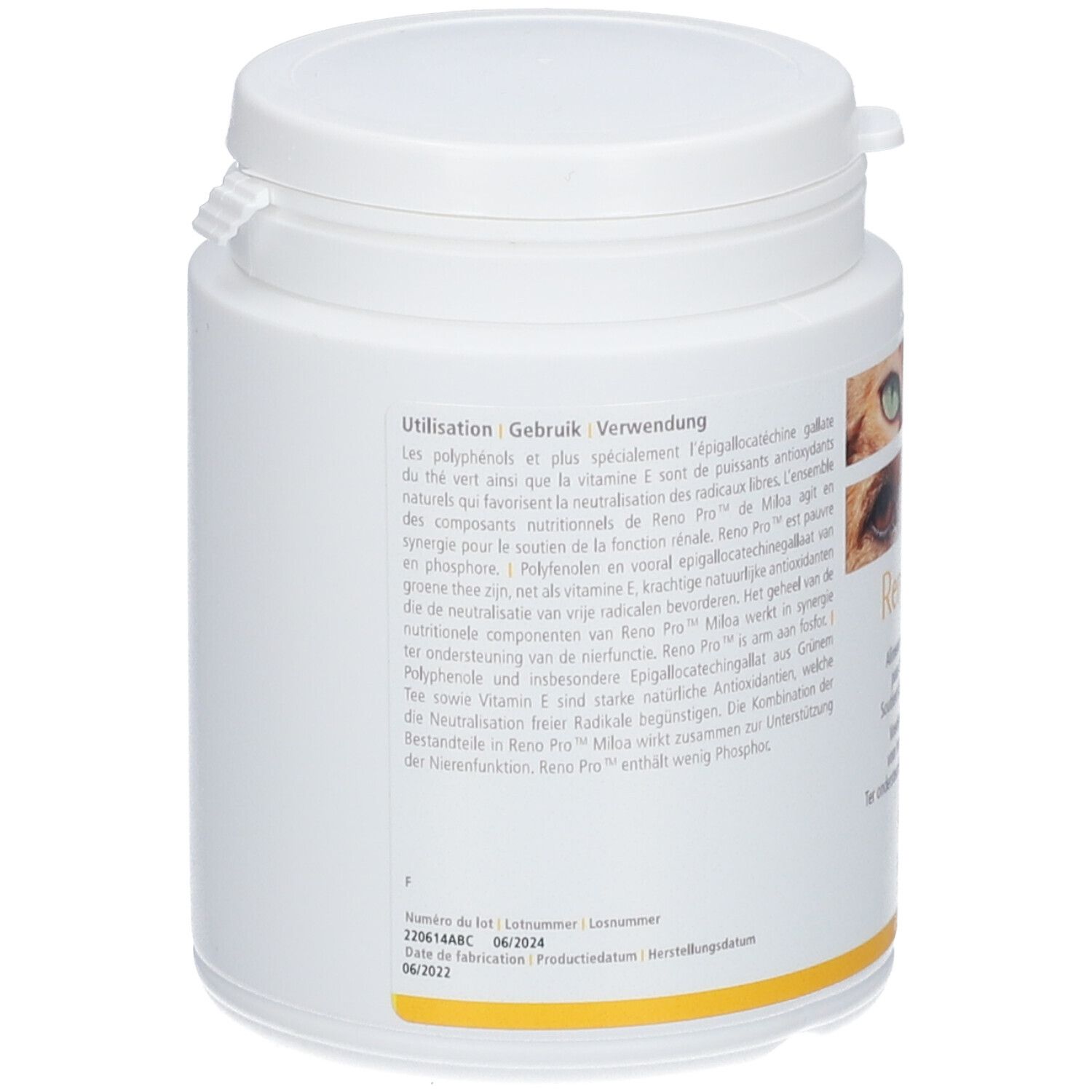Weißes, zylindrisches Behältnis mit Deckel. Text auf der Seite. Informationen über das Produkt. Aufschrift: Reno Pro.