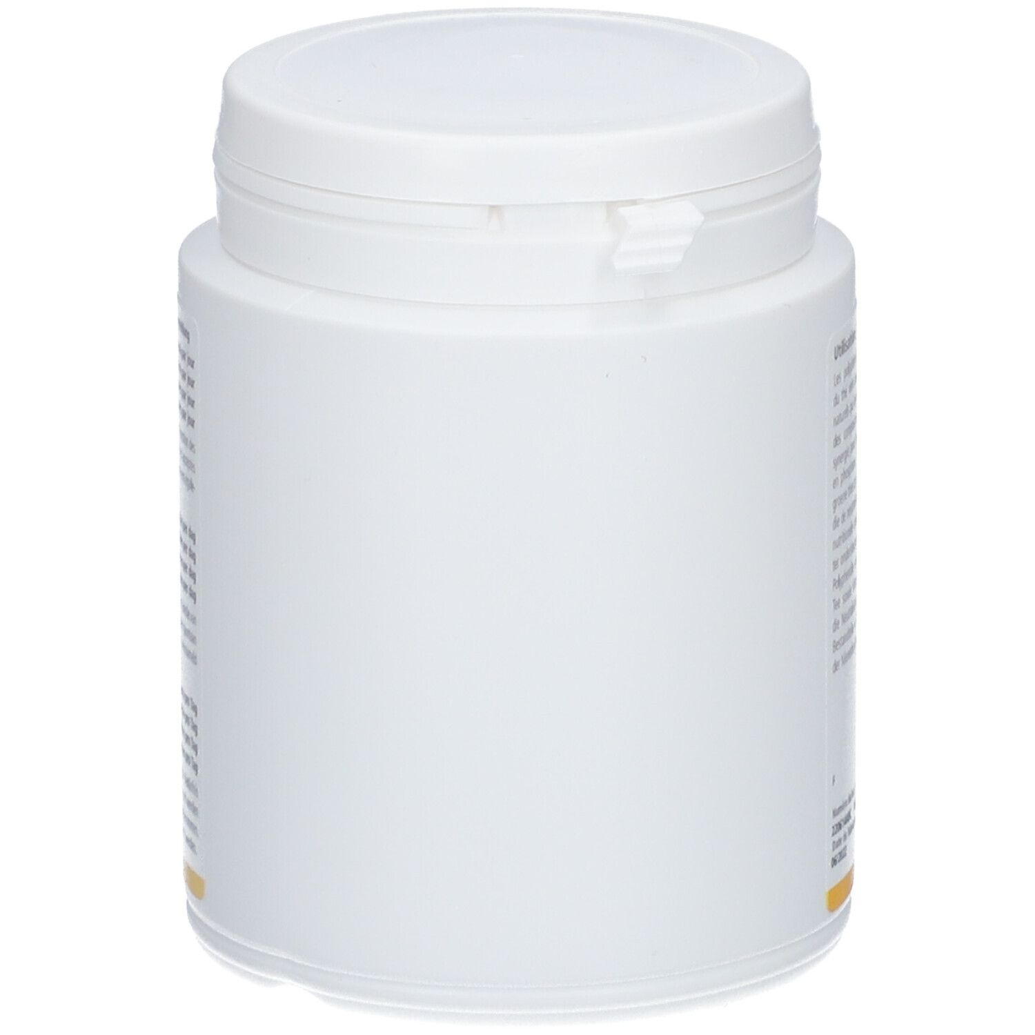 Weißes, zylindrisches Behältnis mit Deckel. Leere Seite. Keine Beschriftung.