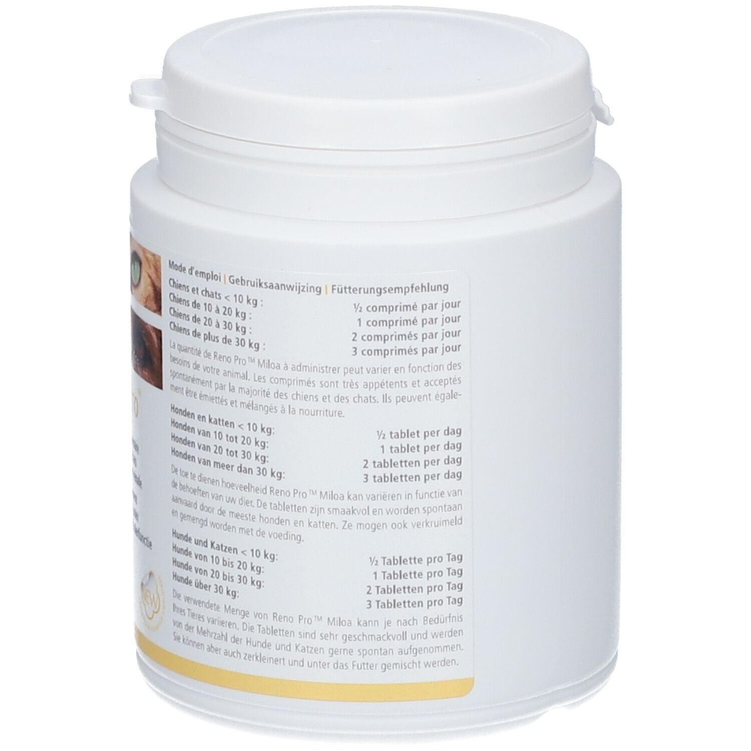 Weißes, zylindrisches Behältnis mit Deckel. Text auf der Seite. Dosierungsempfehlung. Aufschrift: Reno Pro.