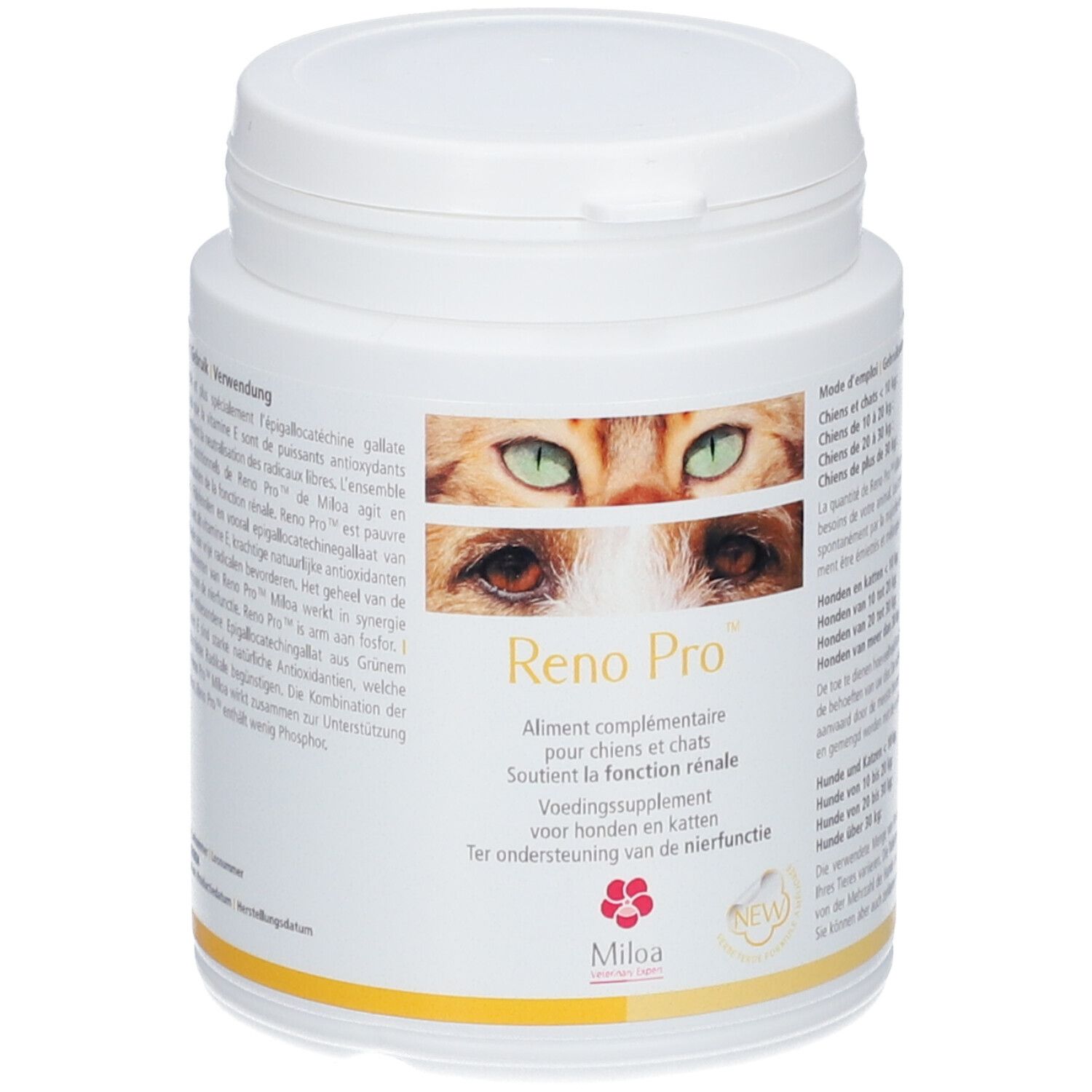 Weißes, zylindrisches Behältnis mit Deckel. Aufschrift: Reno Pro. Abbildung: Augen von Katze und Hund. Marke: Miloa.