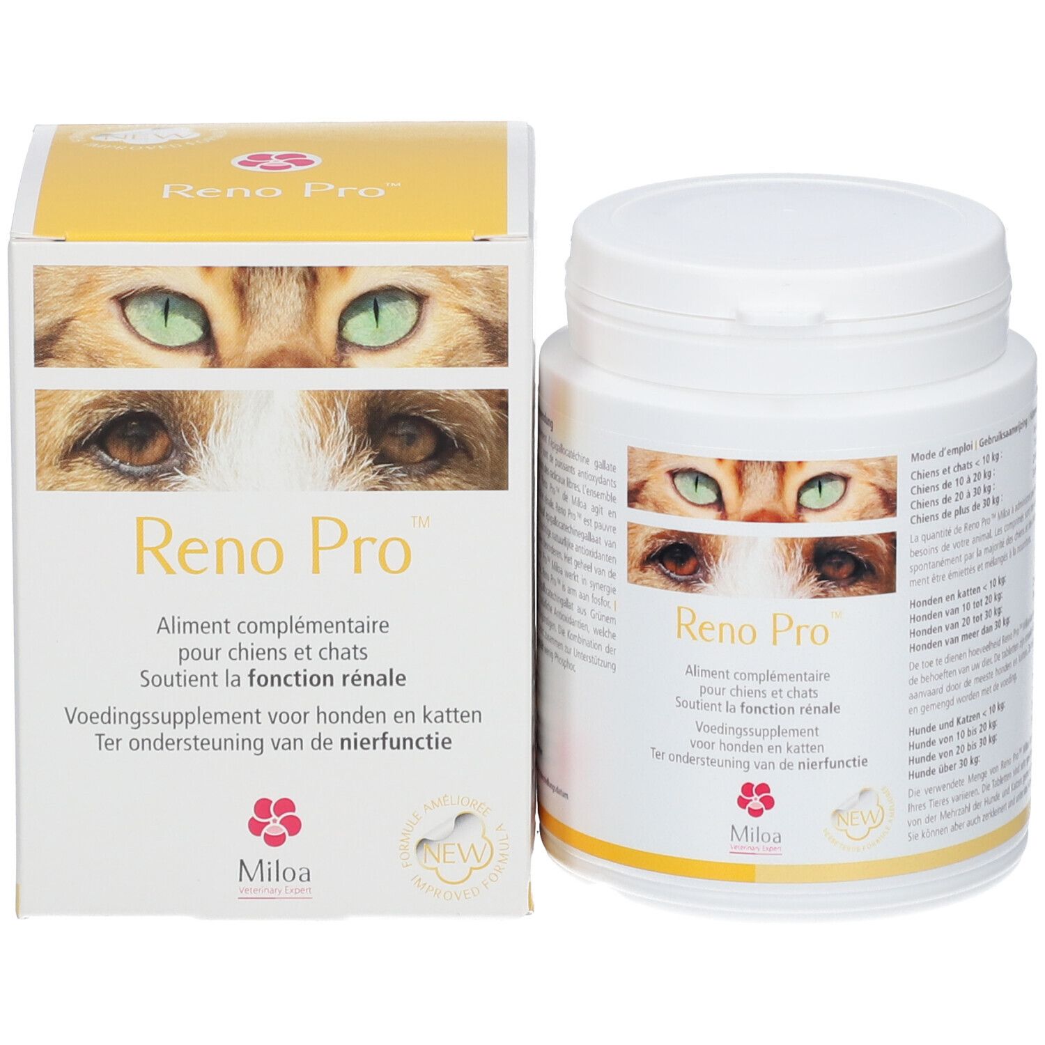 Produktverpackung: Dose und Schachtel. Aufschrift: Reno Pro. Abbildung: Augen von Katze und Hund. Marke: Miloa.