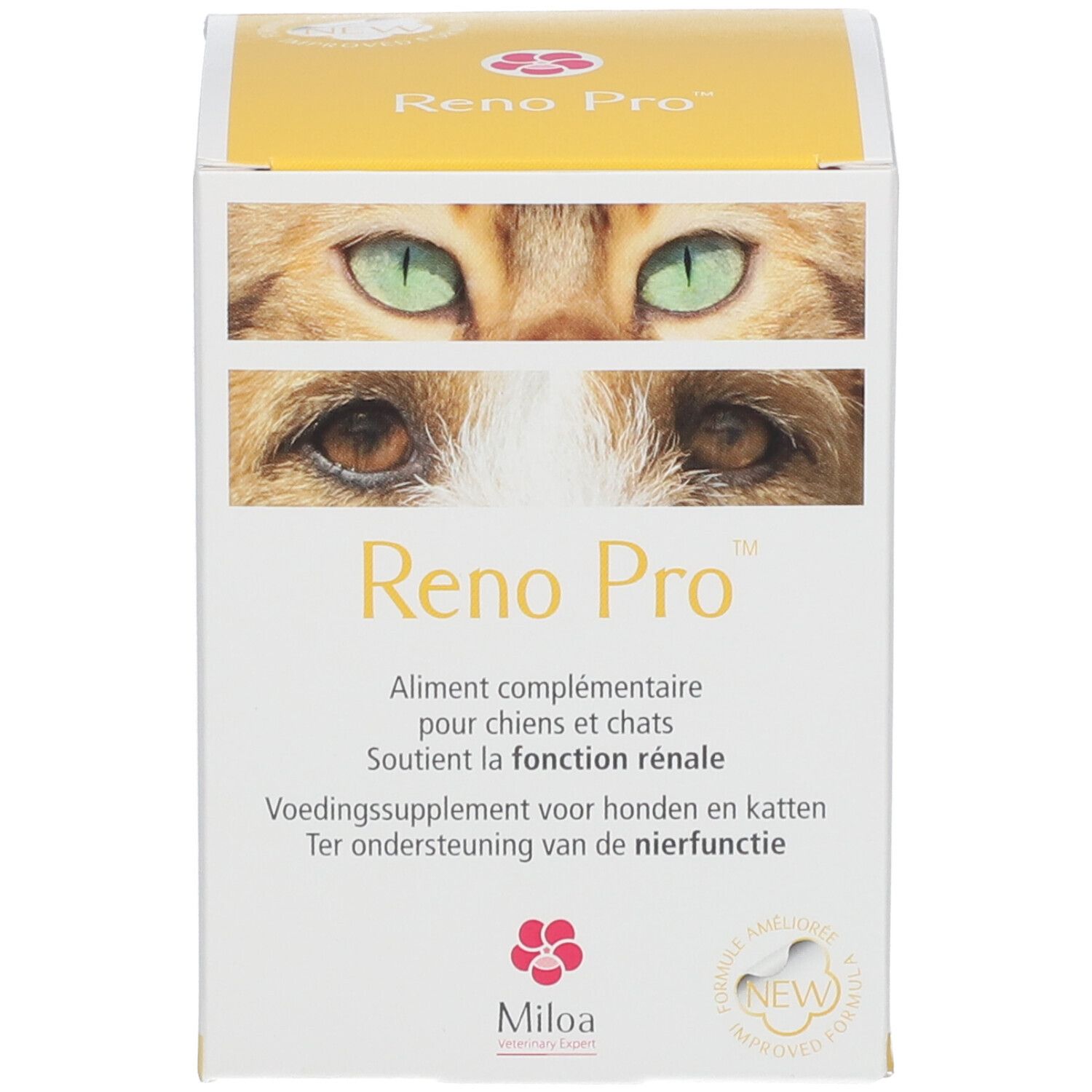 Gelbe Schachtel. Aufschrift: Reno Pro. Abbildung: Augen von Katze und Hund. Marke: Miloa.