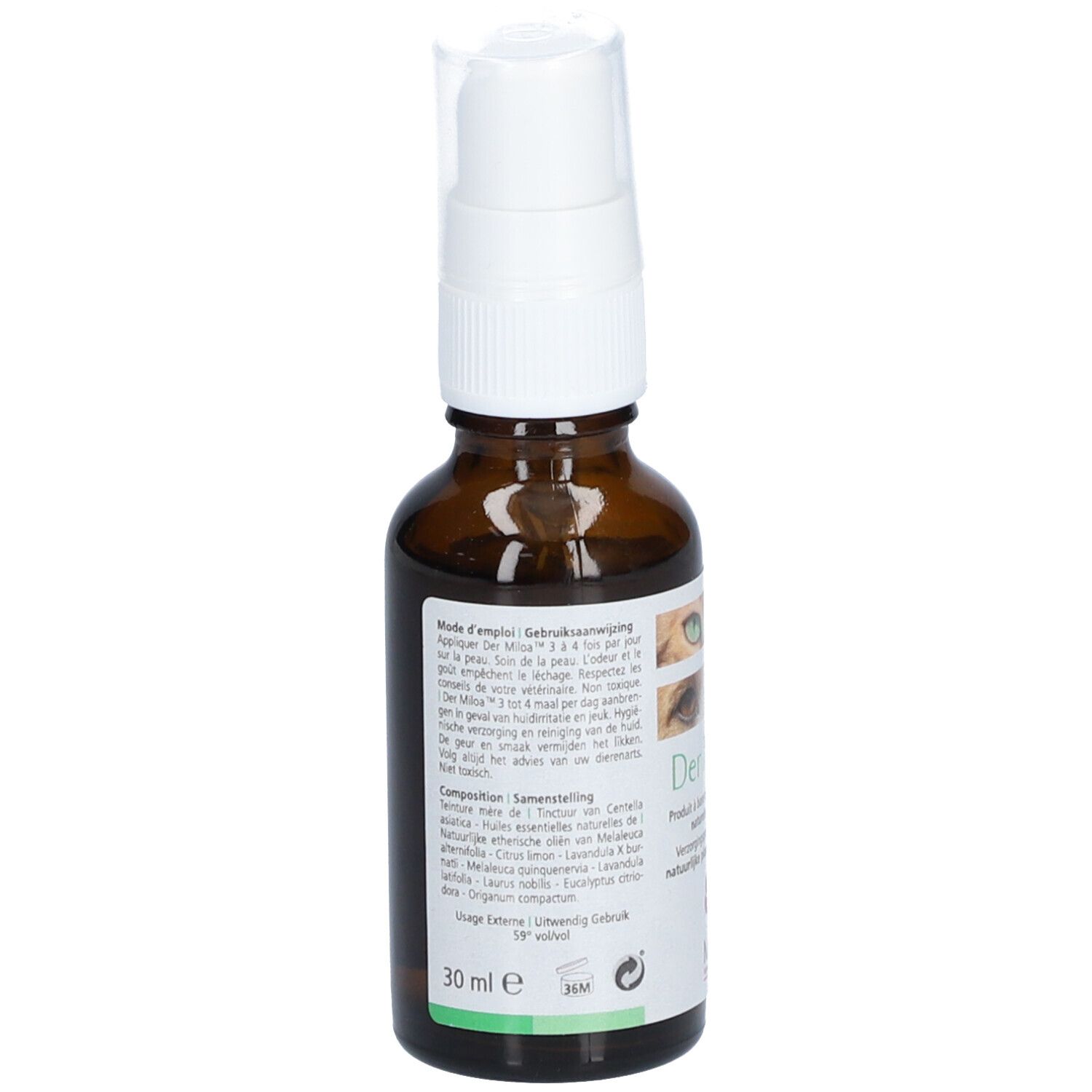 Vue arrière du flacon. Étiquette avec texte, ingrédients et mode d'emploi. Volume : 30 ml.