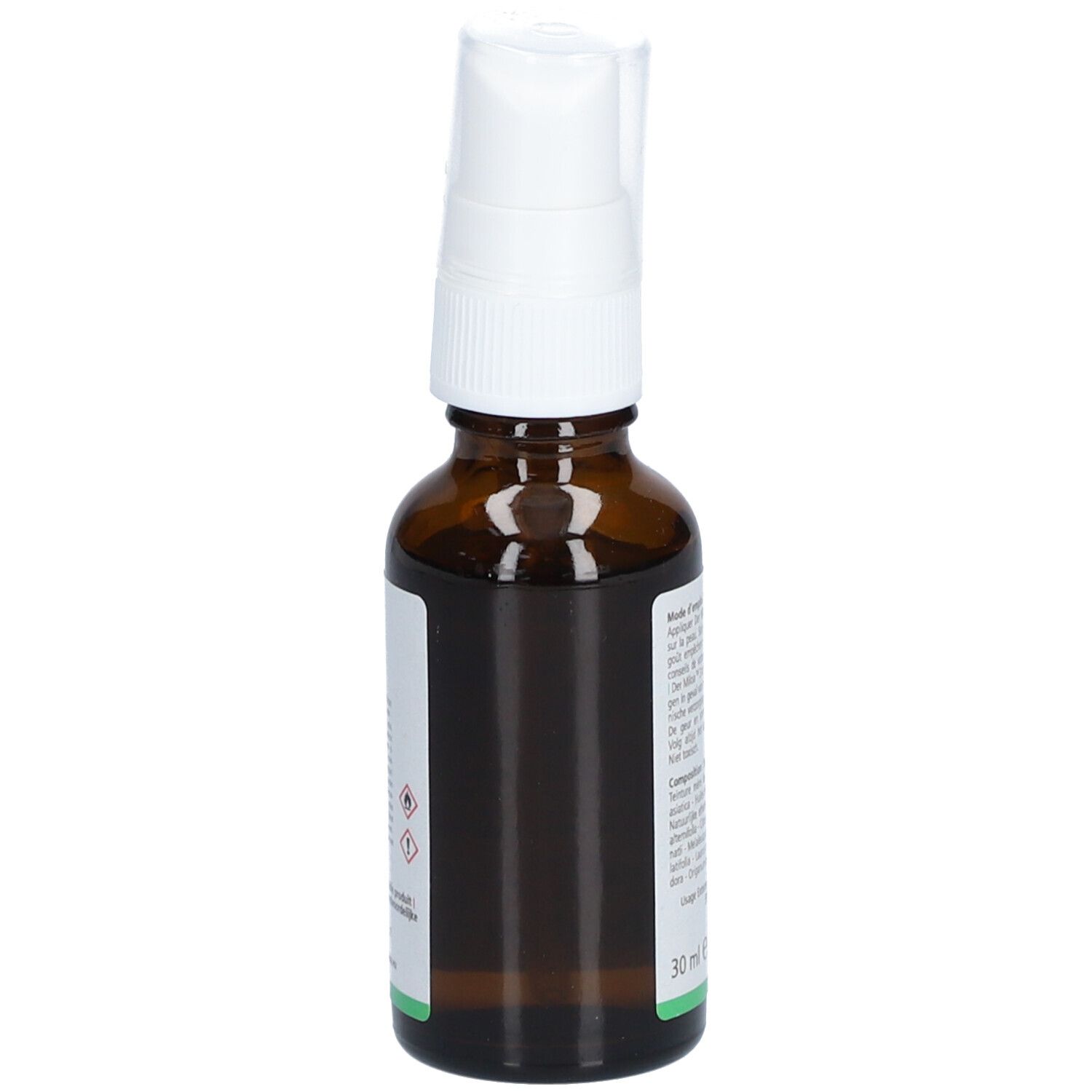 Vue latérale du flacon. Étiquette avec texte et marquage vert en bas. Volume : 30 ml.
