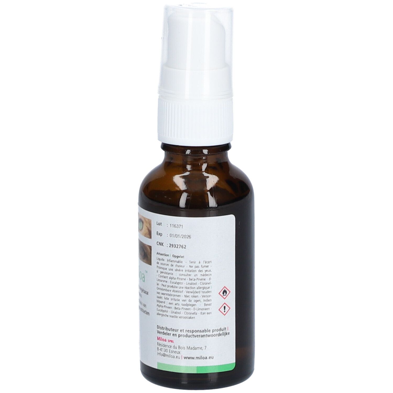 Vue arrière du flacon. Étiquette avec texte, ingrédients et symboles d'avertissement. Volume : 30 ml.