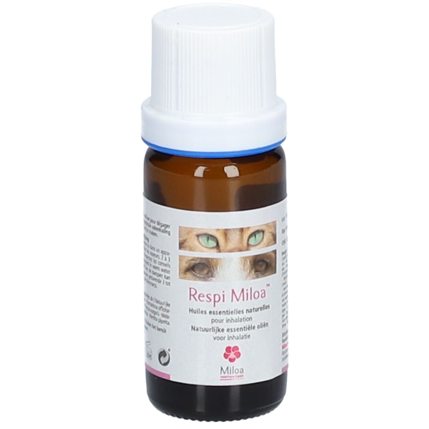 Flacon en verre brun avec bouchon blanc. Étiquette avec nom du produit Respi Miloa et image d'yeux. 10 ml.