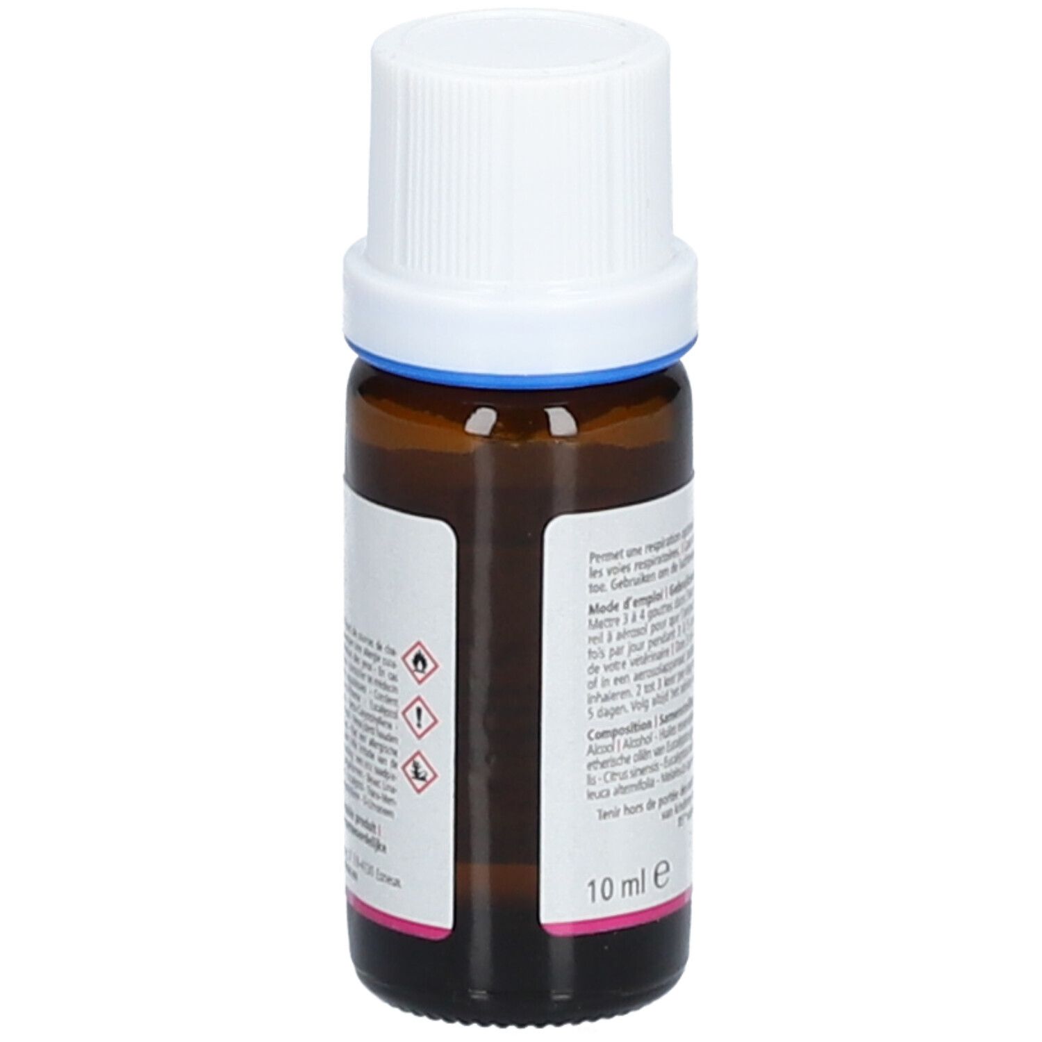 Flacon en verre brun avec bouchon blanc. Étiquette avec texte et symboles de danger. 10 ml.